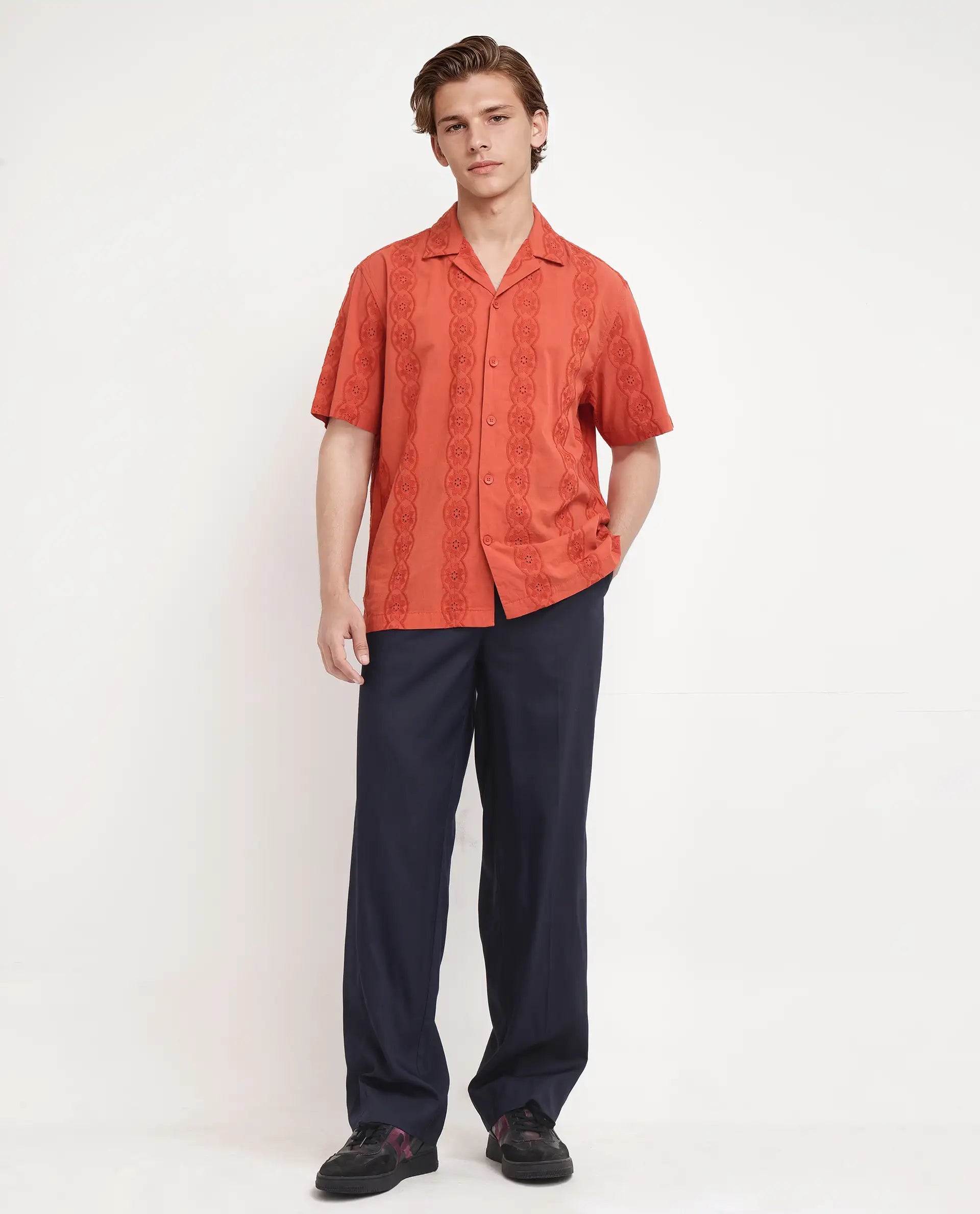 Rare Rabbit Men's Grin Orange Cotton Fabric Half Sleeve Spread Collar Button Closure Regular Fit Embroidered Shirt