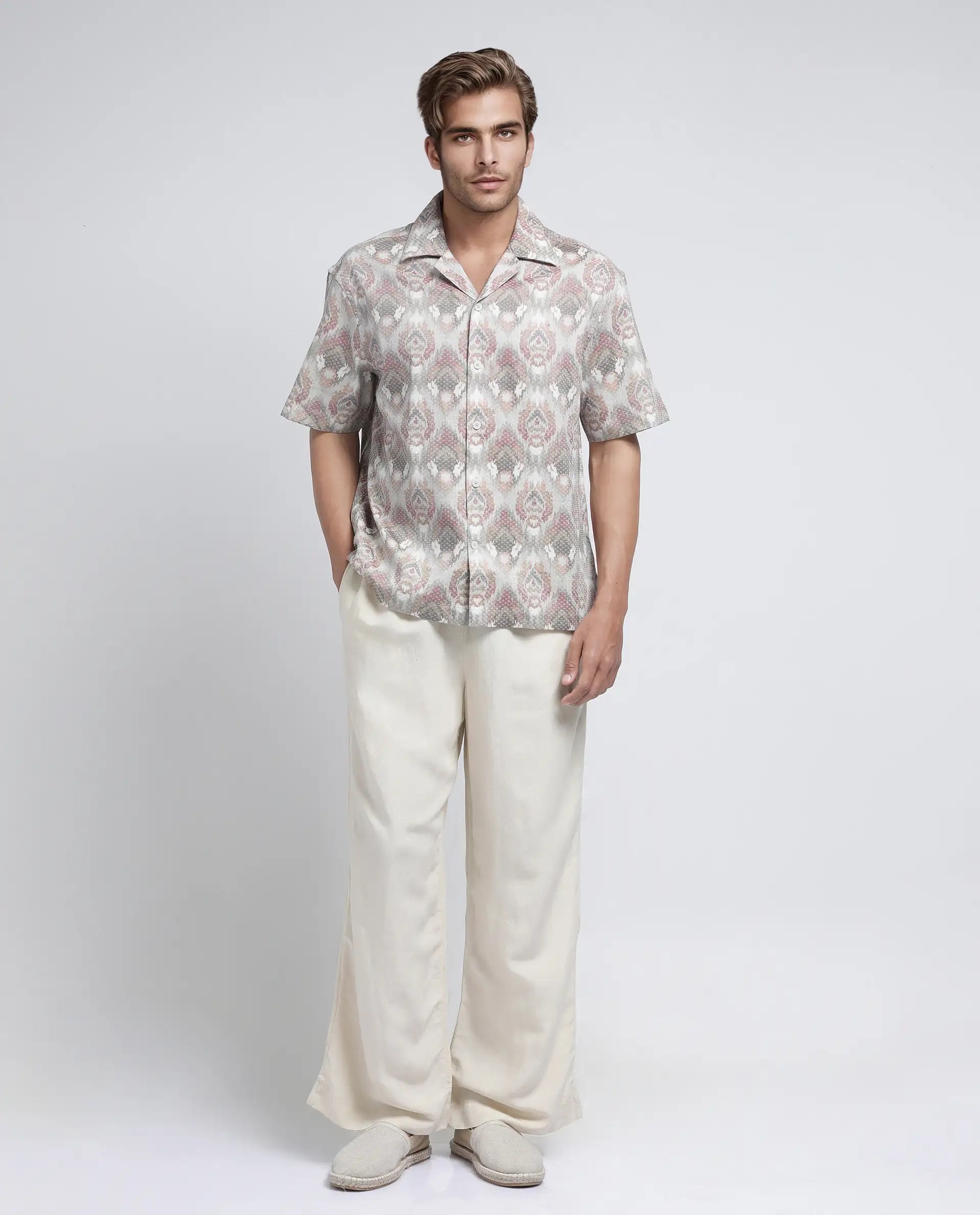 Rare Rabbit Men's Grit Beige Cotton Fabric Short Sleeve Collared Neck Button Closure Printed Shirt