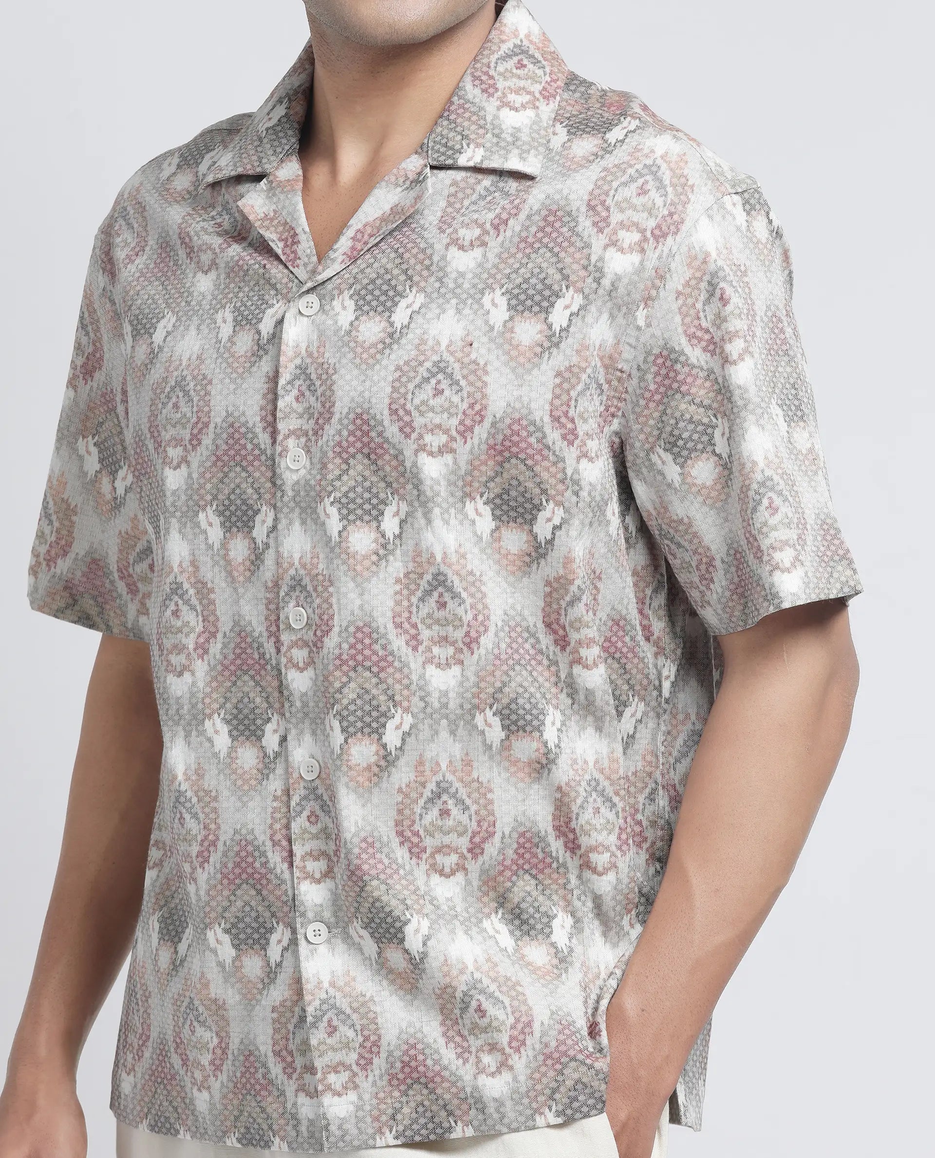 Rare Rabbit Men's Grit Beige Cotton Fabric Short Sleeve Collared Neck Button Closure Printed Shirt