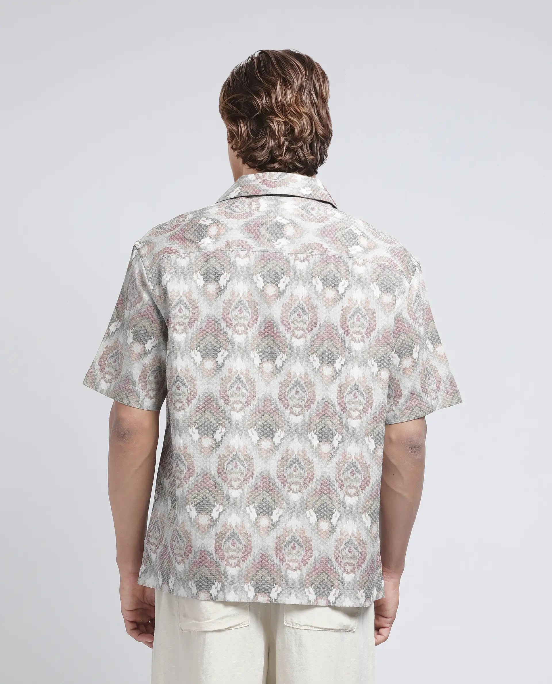 Rare Rabbit Men's Grit Beige Cotton Fabric Short Sleeve Collared Neck Button Closure Printed Shirt