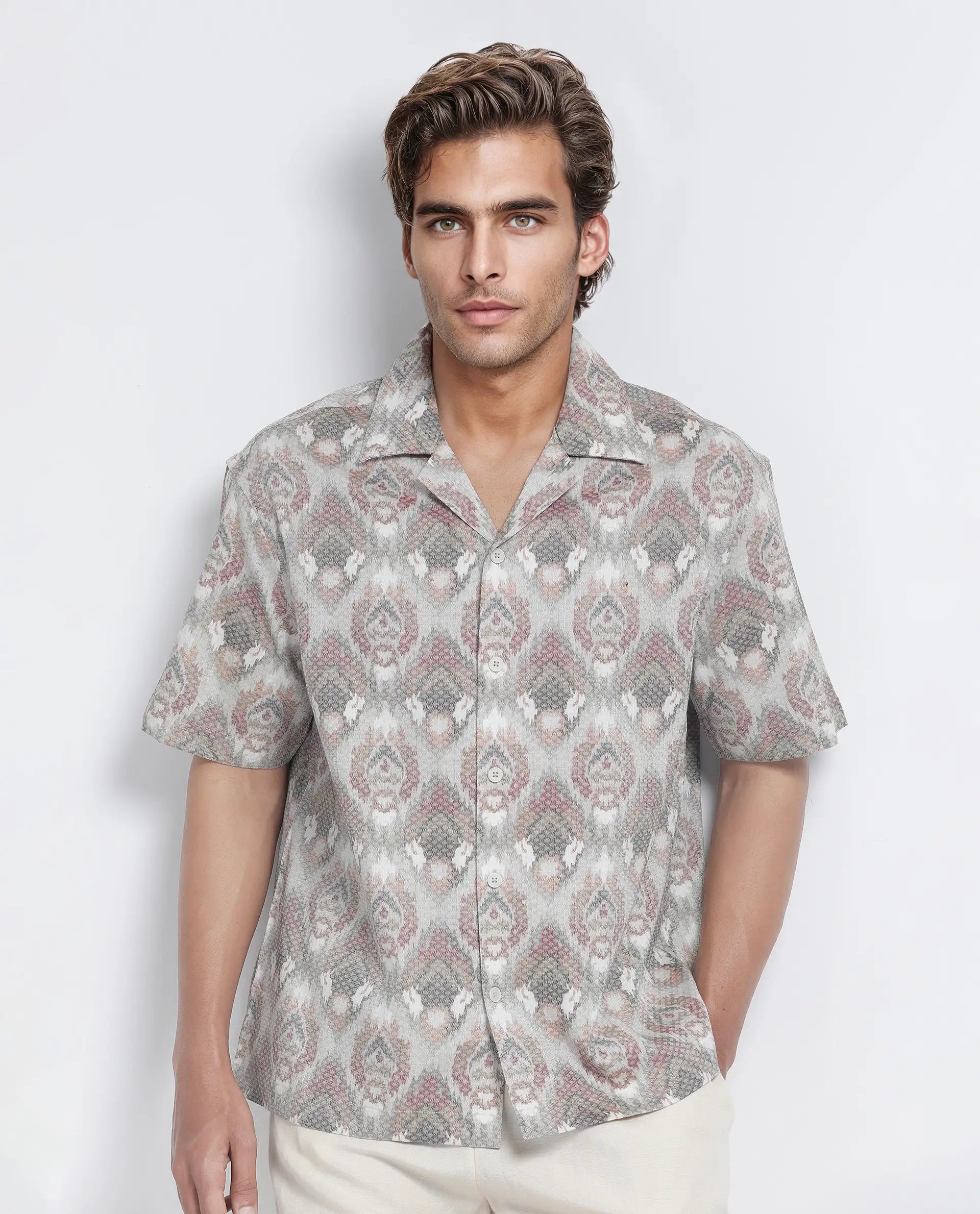 Rare Rabbit Men's Grit Beige Cotton Fabric Short Sleeve Collared Neck Button Closure Printed Shirt