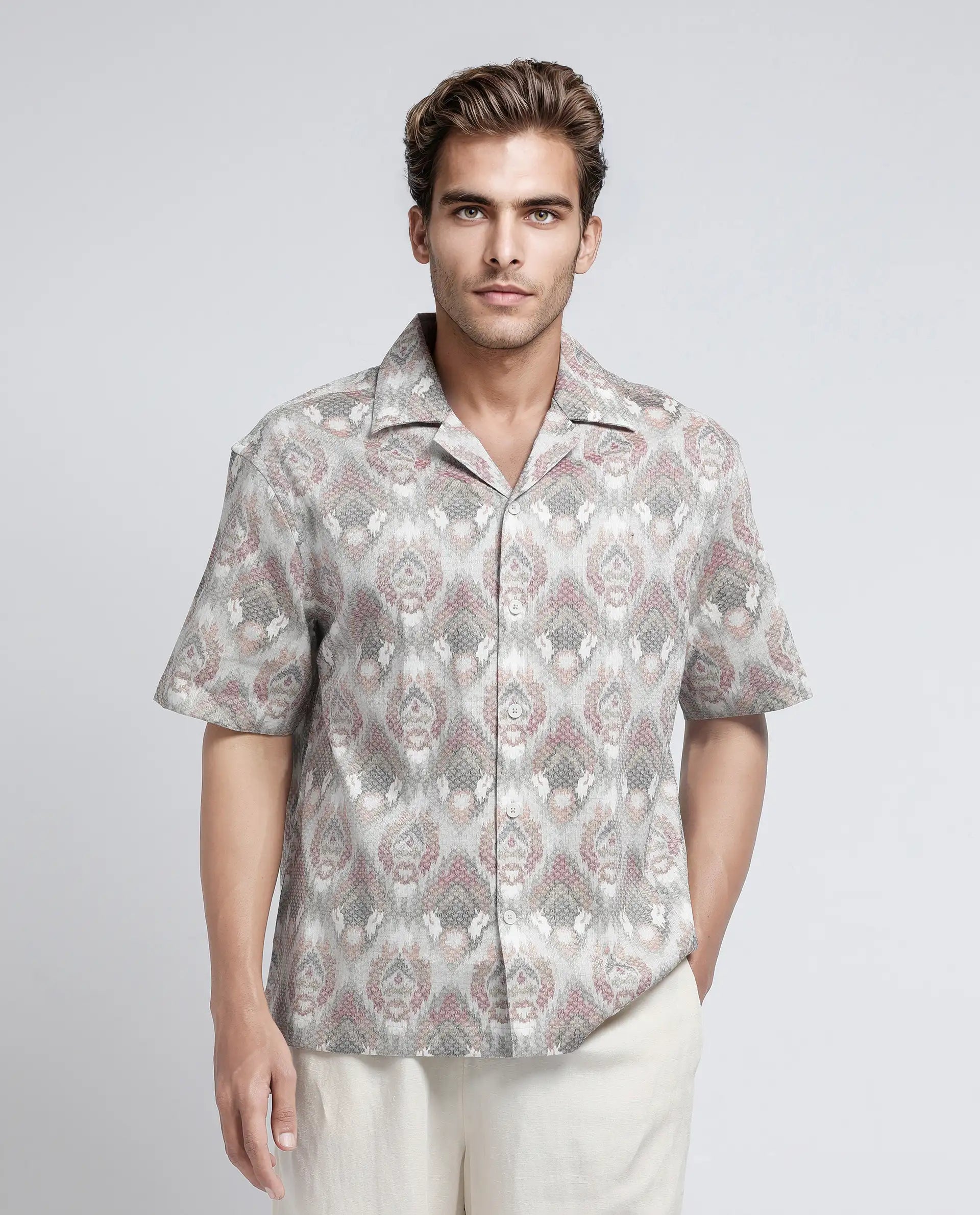 Rare Rabbit Men's Grit Beige Cotton Fabric Short Sleeve Collared Neck Button Closure Printed Shirt