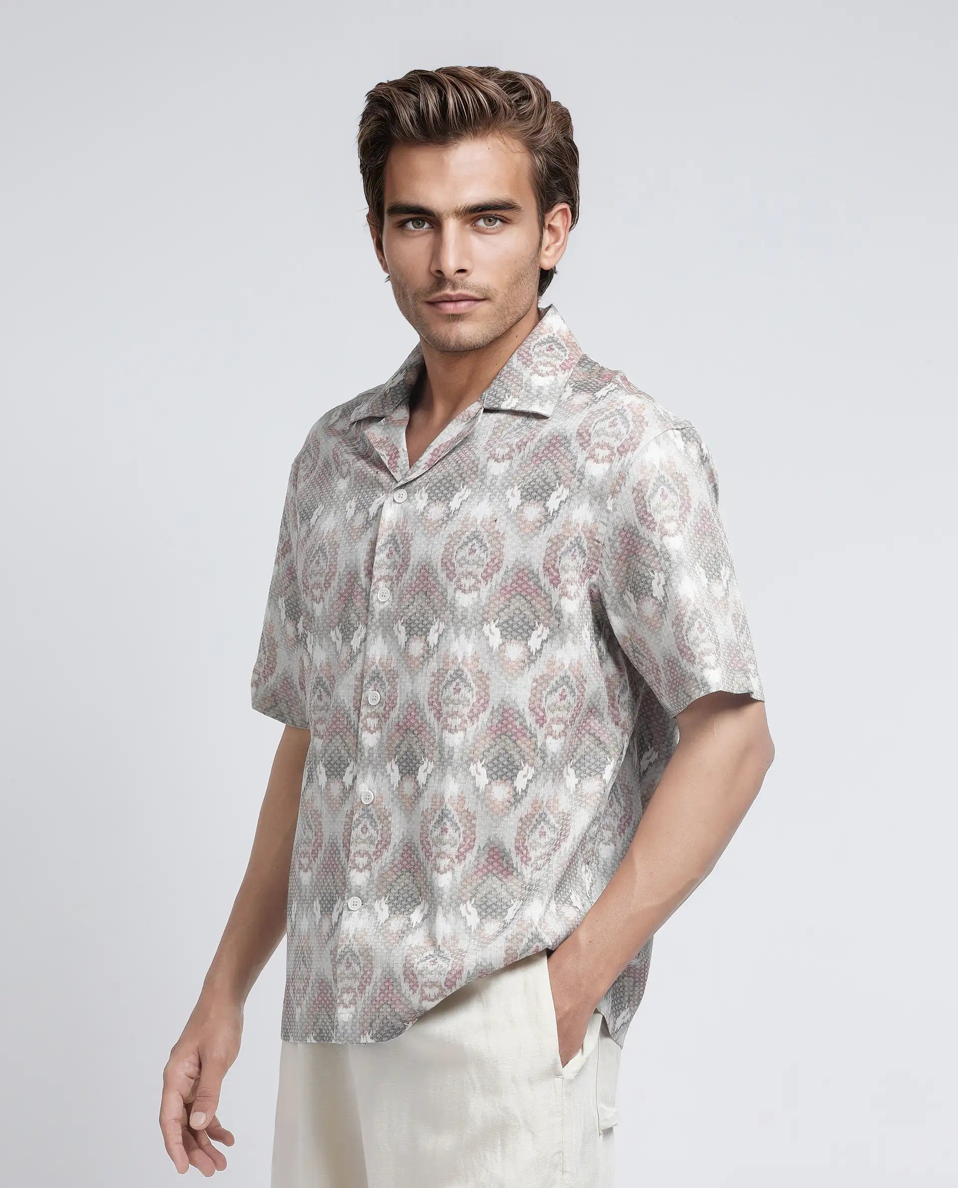 Rare Rabbit Men's Grit Beige Cotton Fabric Short Sleeve Collared Neck Button Closure Printed Shirt