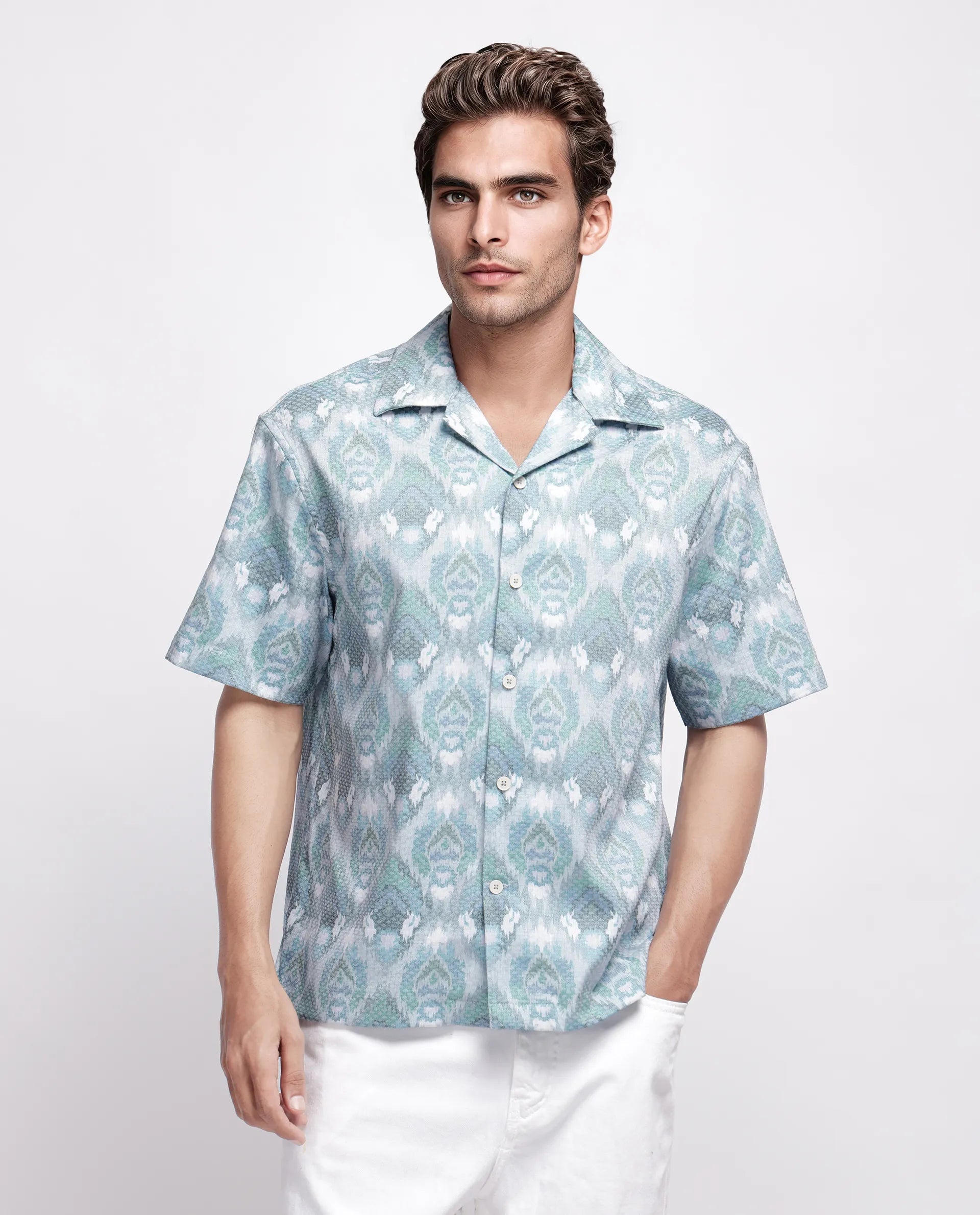 Rare Rabbit Men's Grit Blue Cotton Abstract Print Relaxed Fit Half Sleeve Cuban Collar Shirt