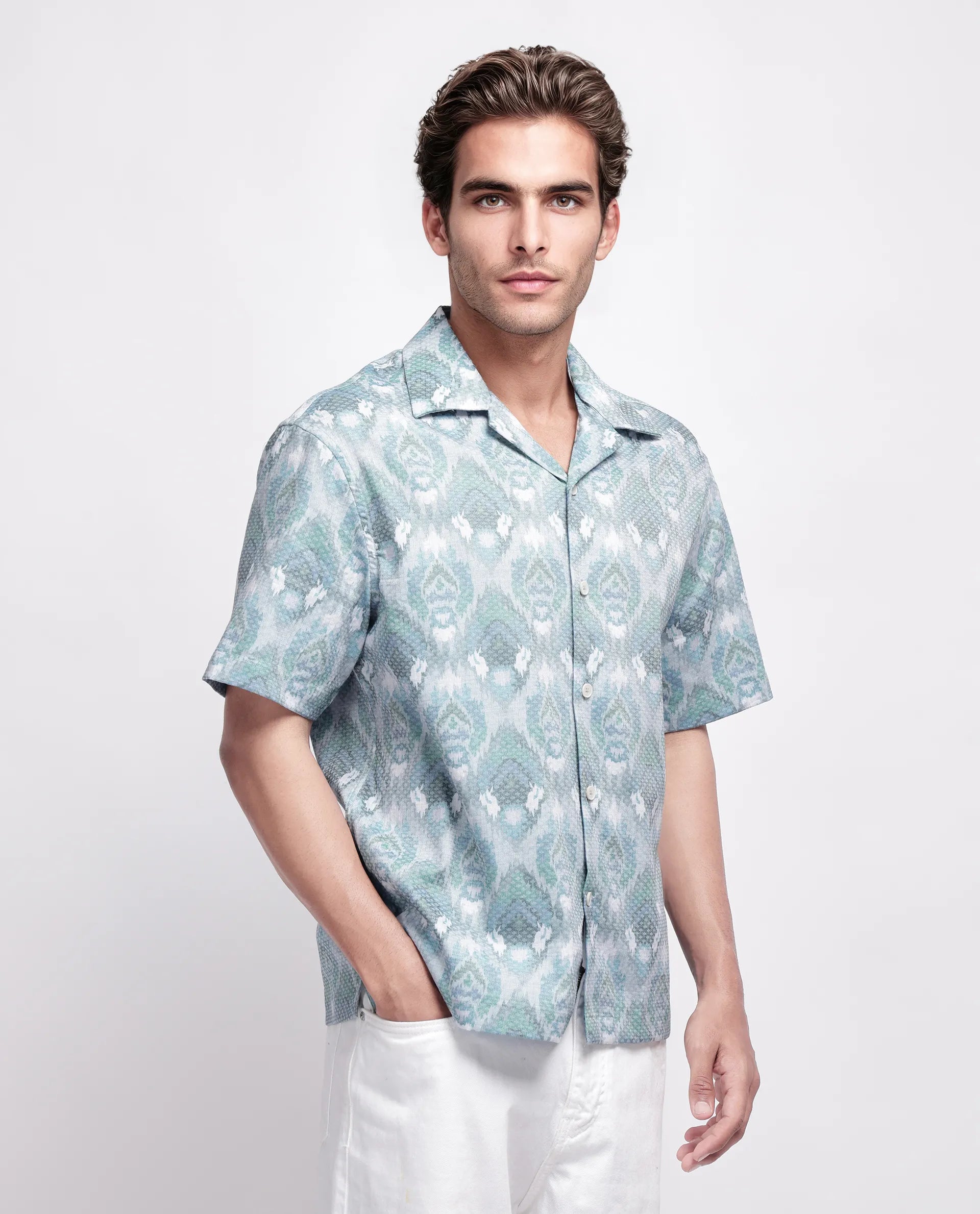 Rare Rabbit Men's Grit Blue Cotton Abstract Print Relaxed Fit Half Sleeve Cuban Collar Shirt