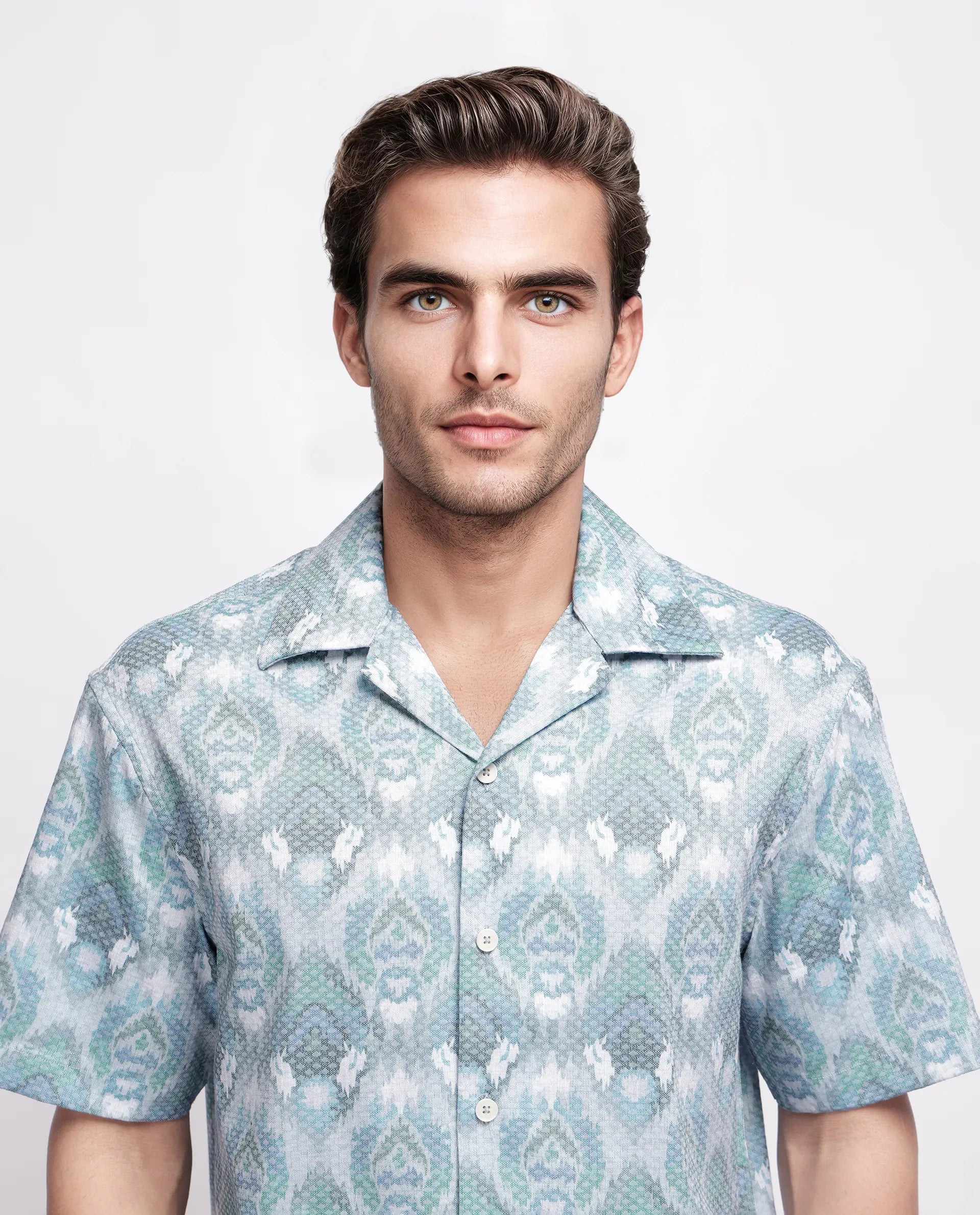 Rare Rabbit Men's Grit Blue Cotton Abstract Print Relaxed Fit Half Sleeve Cuban Collar Shirt