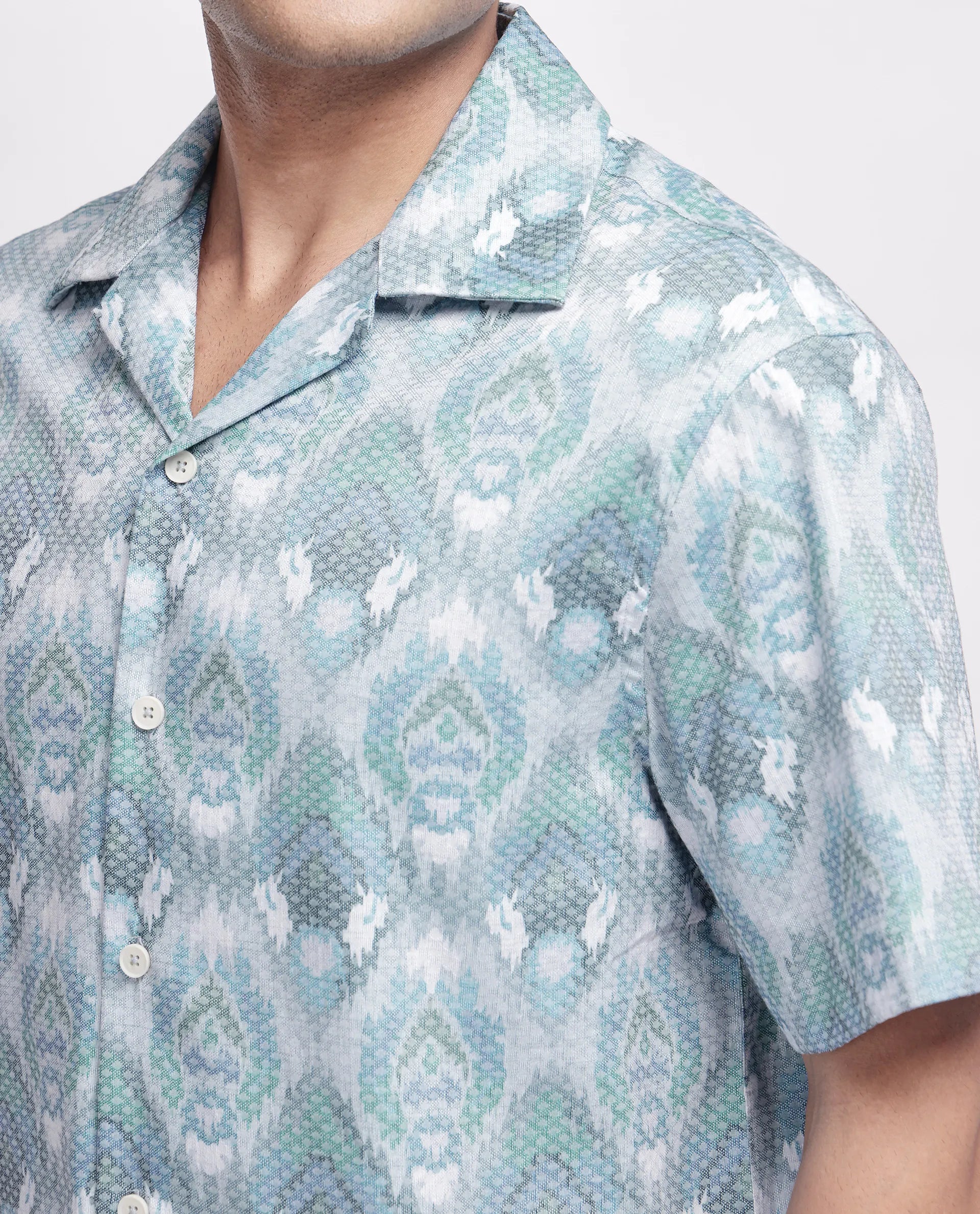 Rare Rabbit Men's Grit Blue Cotton Abstract Print Relaxed Fit Half Sleeve Cuban Collar Shirt