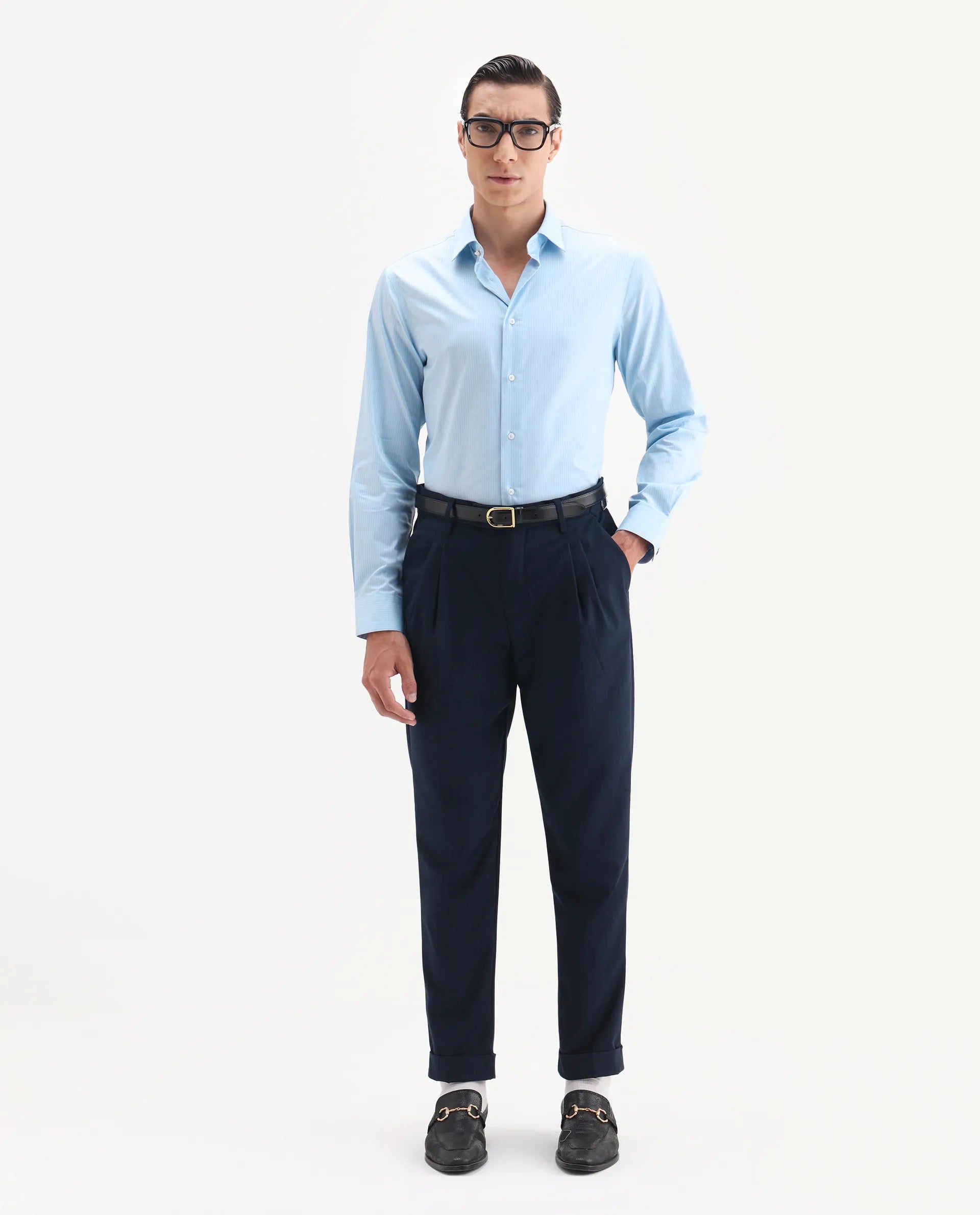 Rare Rabbit Men's Grol Blue Cotton Blend Fabric Collared Neck Regular Fit Striped Shirt
