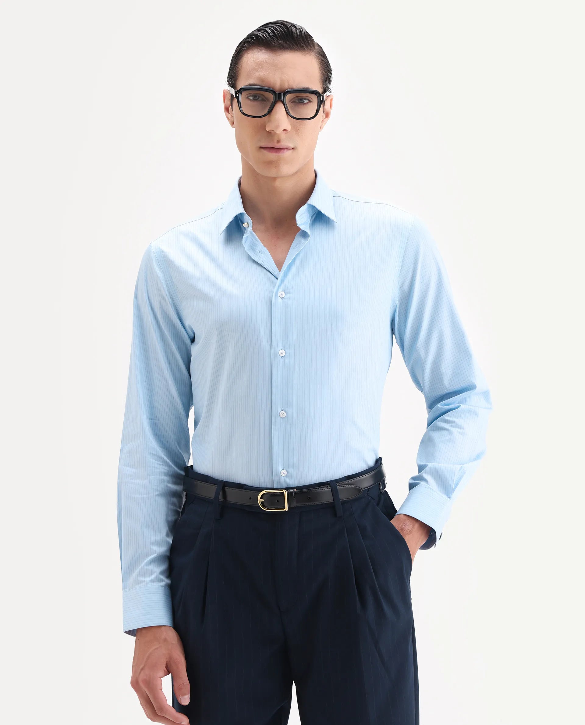 Rare Rabbit Men's Grol Blue Cotton Blend Fabric Collared Neck Regular Fit Striped Shirt