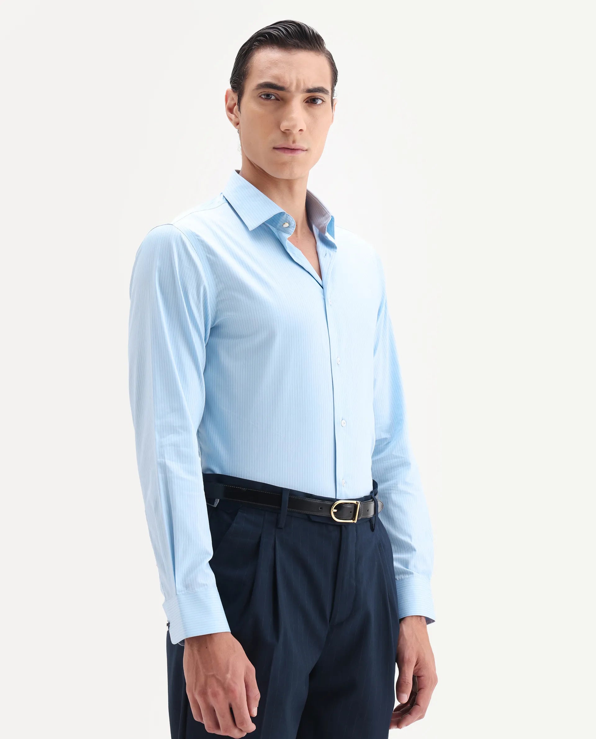 Rare Rabbit Men's Grol Blue Cotton Blend Fabric Collared Neck Regular Fit Striped Shirt