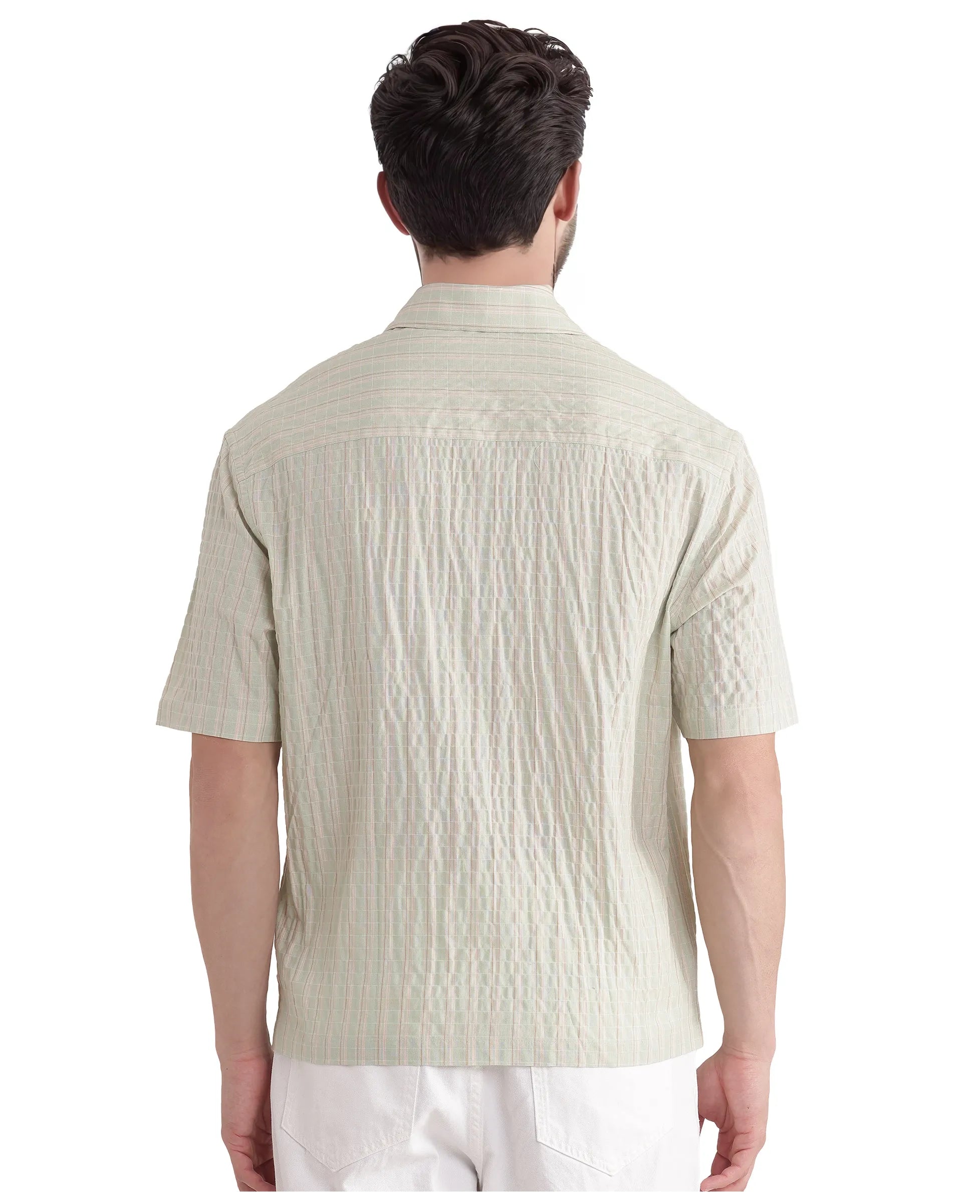 Rare Rabbit Men's Grolxan Pastel Green Cotton Fabric Half Sleeve Regular Collared Button Closure Seersucker Shirt