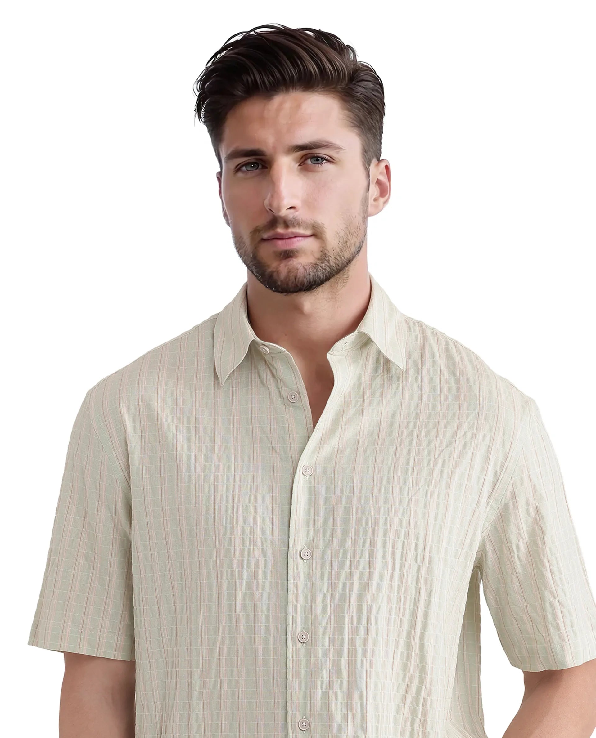 Rare Rabbit Men's Grolxan Pastel Green Cotton Fabric Half Sleeve Regular Collared Button Closure Seersucker Shirt