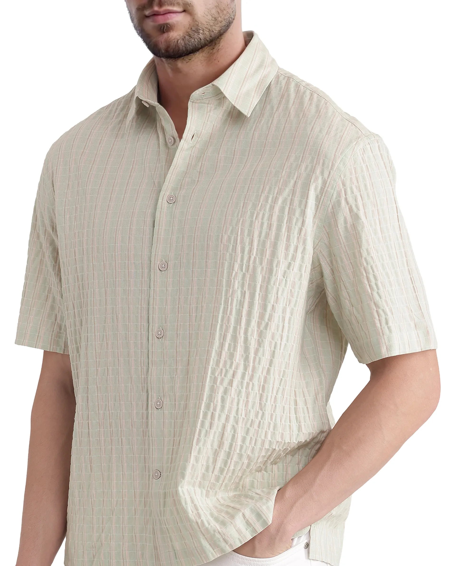 Rare Rabbit Men's Grolxan Pastel Green Cotton Fabric Half Sleeve Regular Collared Button Closure Seersucker Shirt