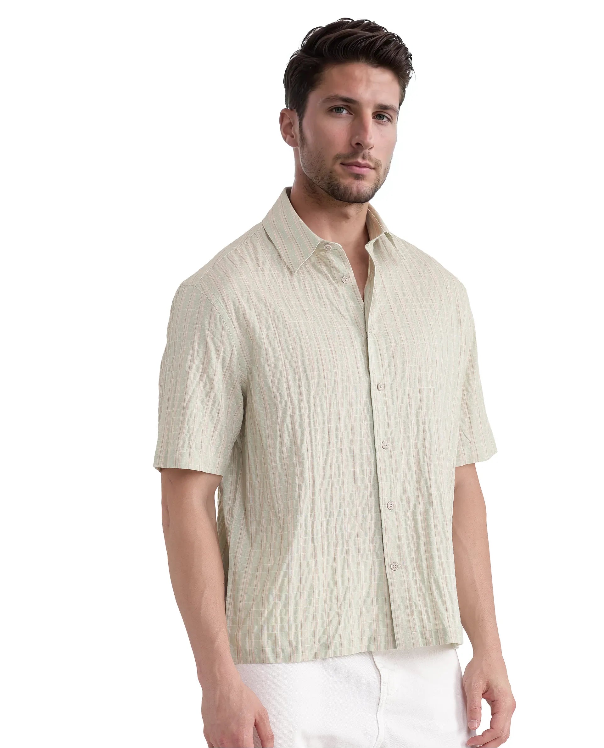 Rare Rabbit Men's Grolxan Pastel Green Cotton Fabric Half Sleeve Regular Collared Button Closure Seersucker Shirt