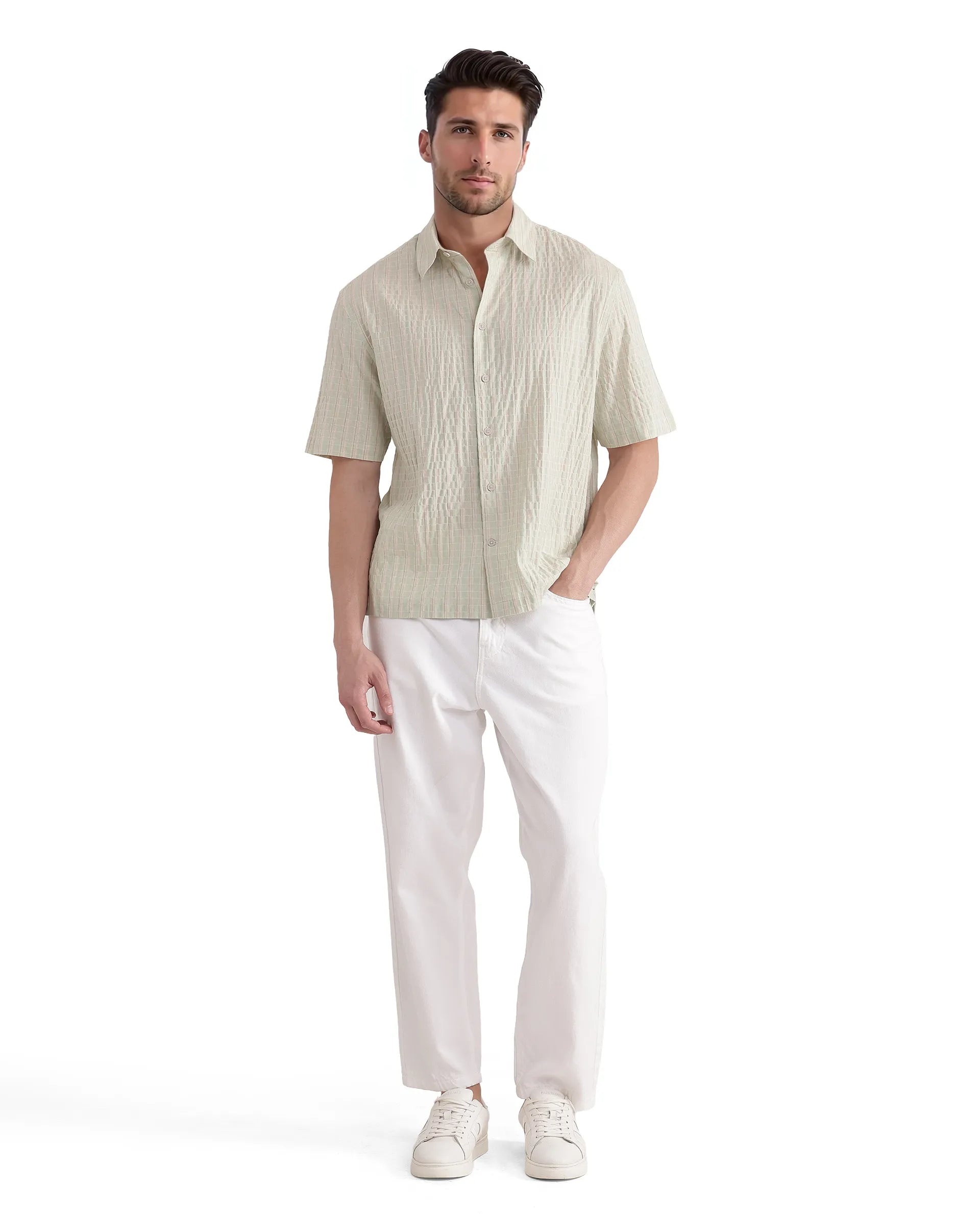 Rare Rabbit Men's Grolxan Pastel Green Cotton Fabric Half Sleeve Regular Collared Button Closure Seersucker Shirt