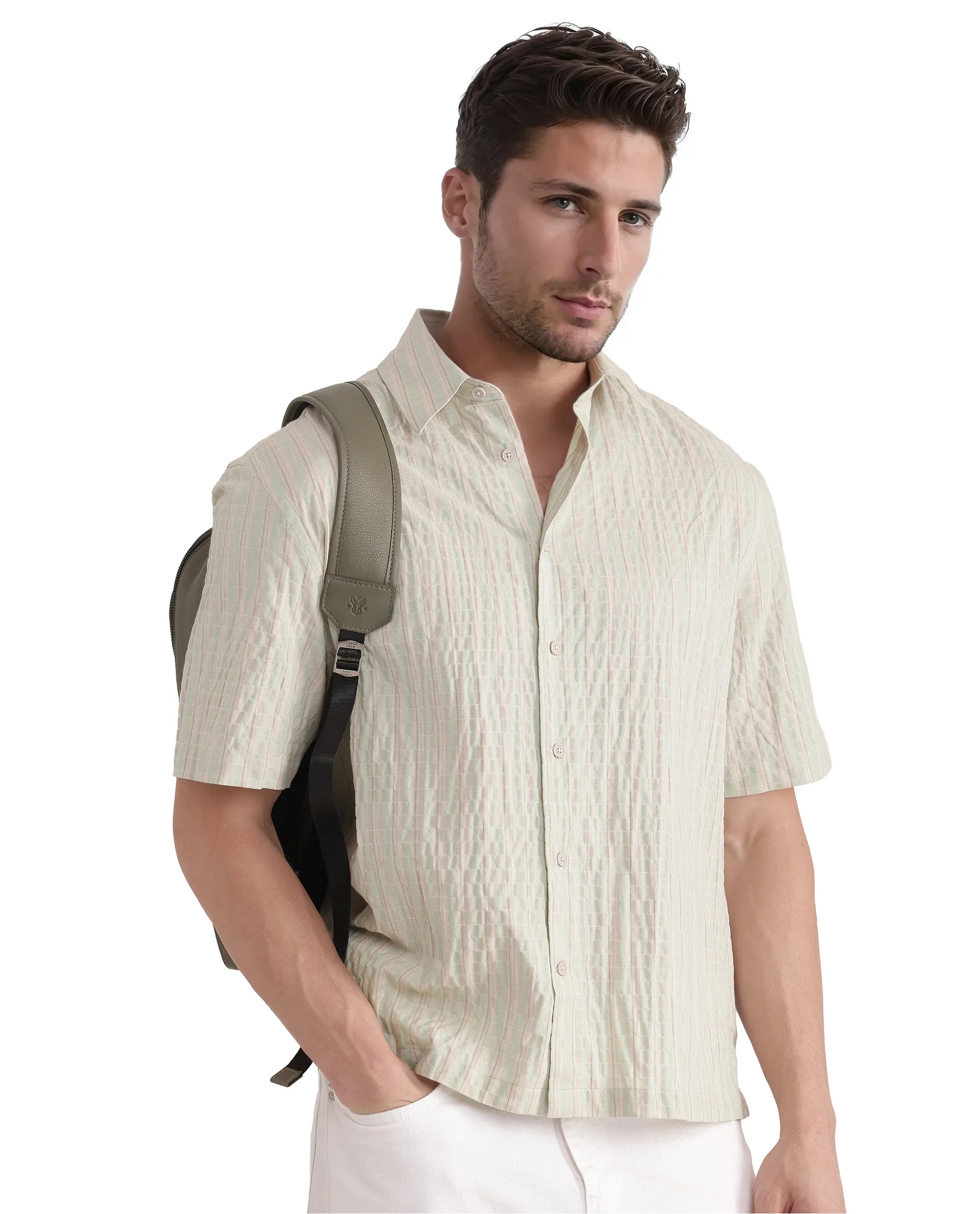 Rare Rabbit Men's Grolxan Pastel Green Cotton Fabric Half Sleeve Regular Collared Button Closure Seersucker Shirt