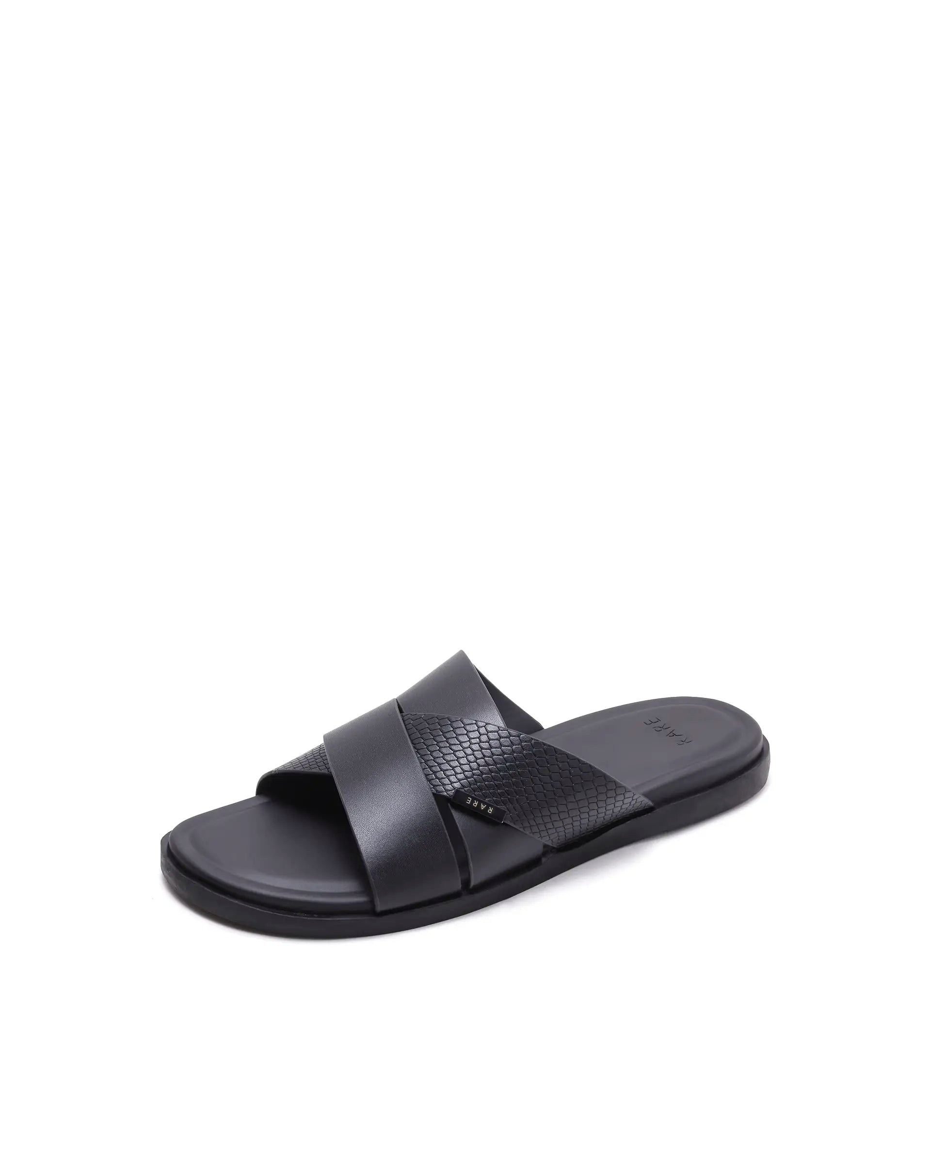 Rarez Men's Groove Black Leather Regular Sandal