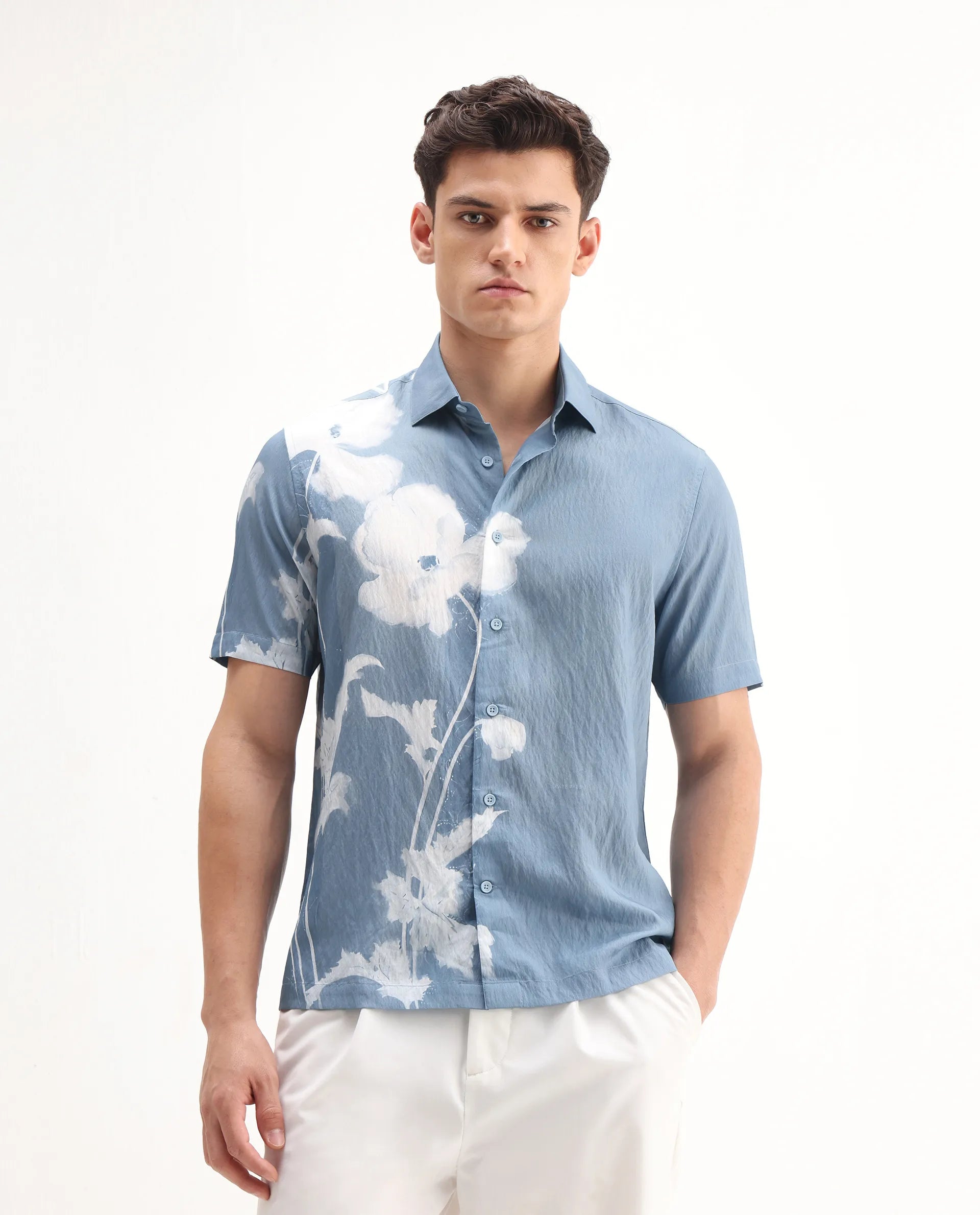 Rare Rabbit Men's Groti Light Blue Viscose Blend Floral Print Relaxed Fit Half Sleeve Collared Shirt
