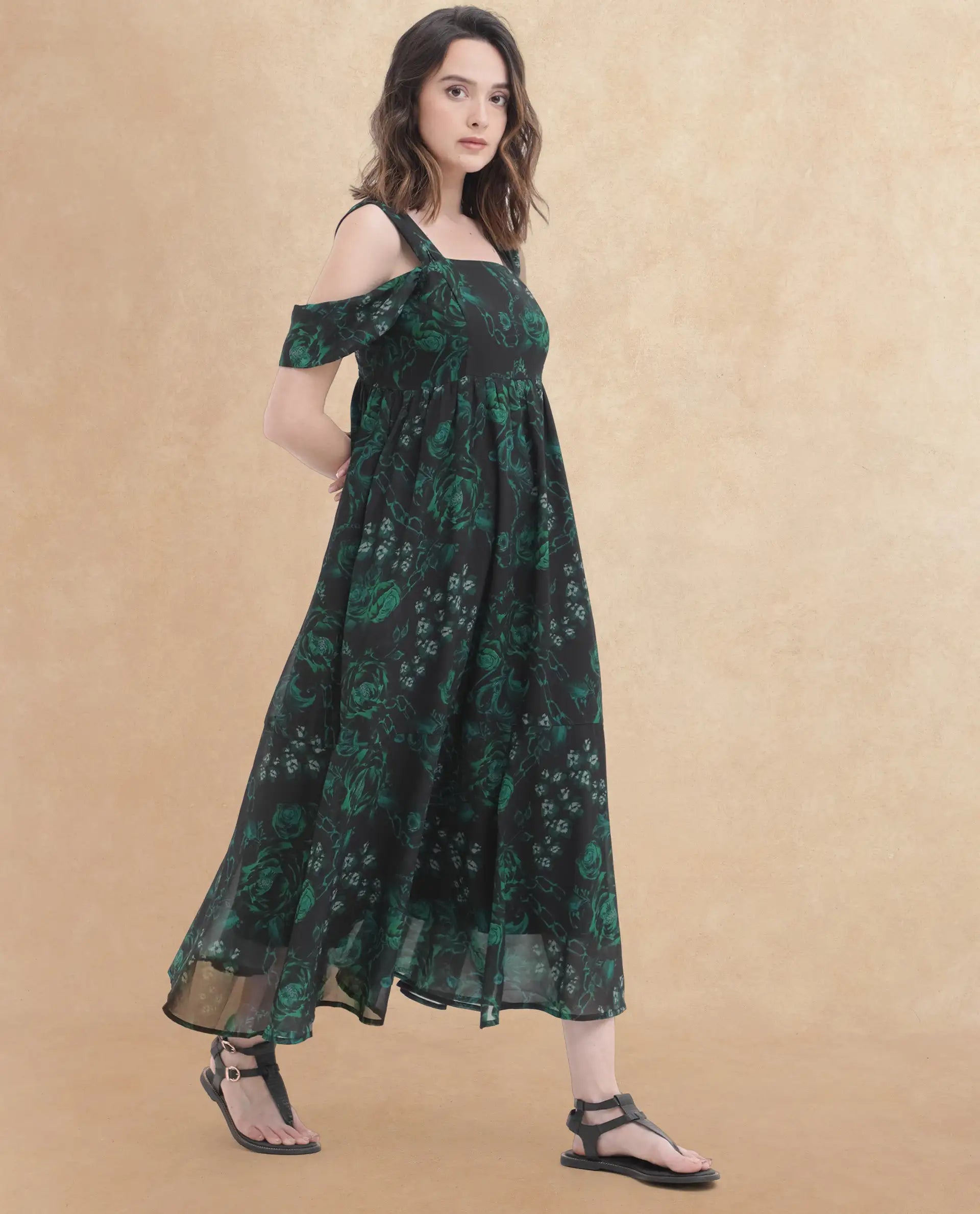 Rareism Women Groves Black Polyester Fabric Noodle Strap Print Relaxed Fit Longline Dress