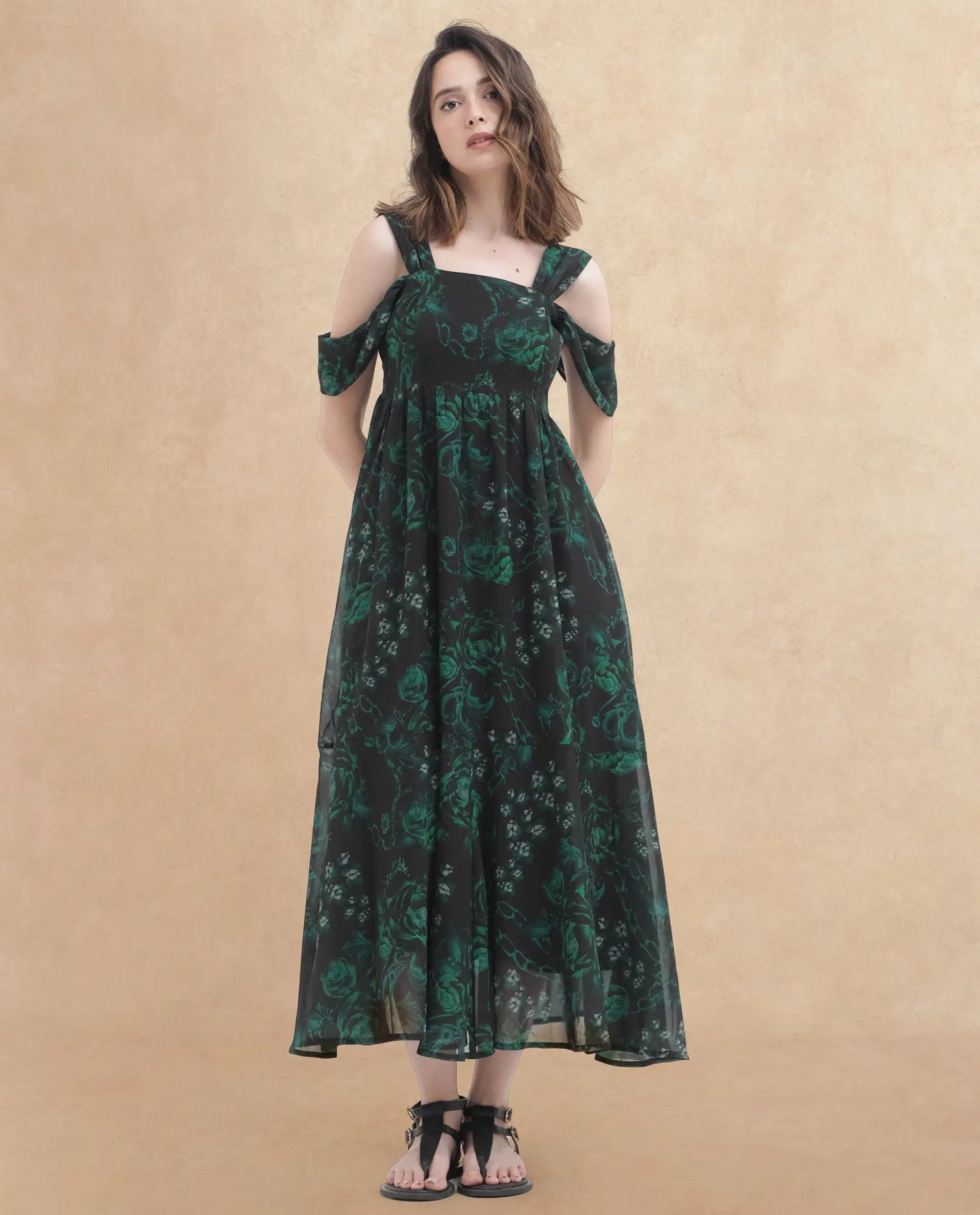 Rareism Women Groves Black Polyester Fabric Noodle Strap Print Relaxed Fit Longline Dress