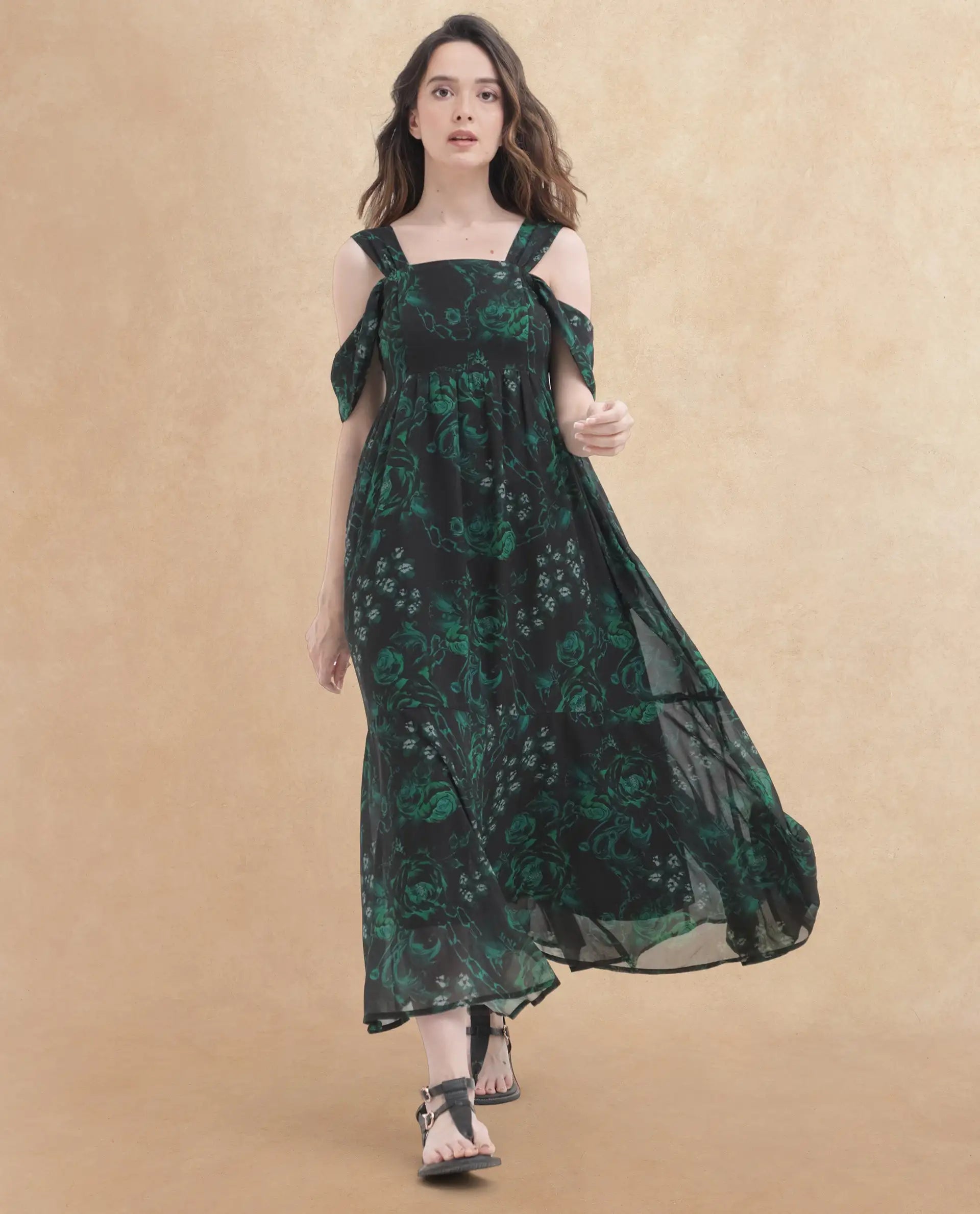 Rareism Women Groves Black Polyester Fabric Noodle Strap Print Relaxed Fit Longline Dress