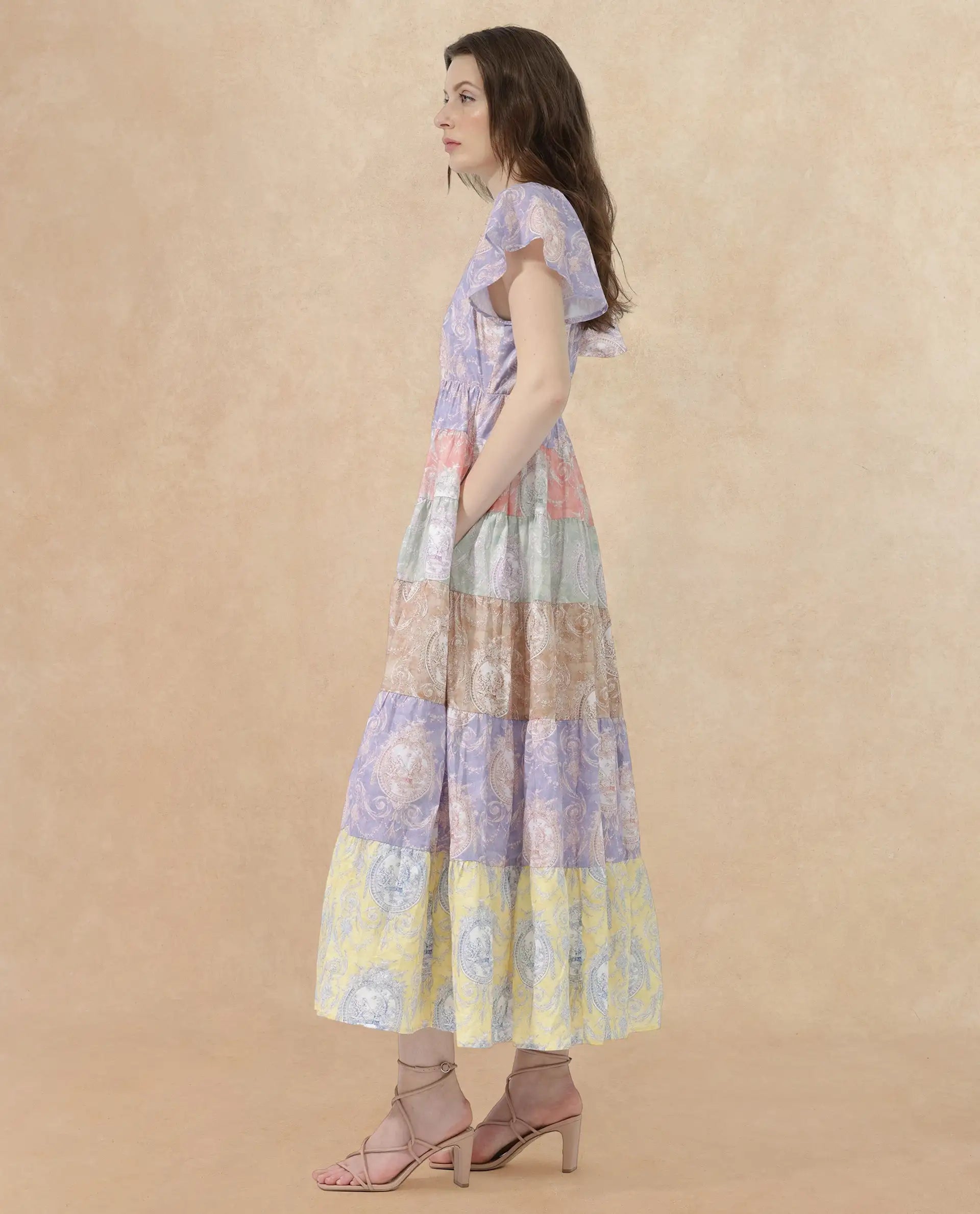 Rareism Women's Grubin Multi Cotton V-Neck Ornamental Print Raglan Sleeve Maxi Fit And Flare Dress