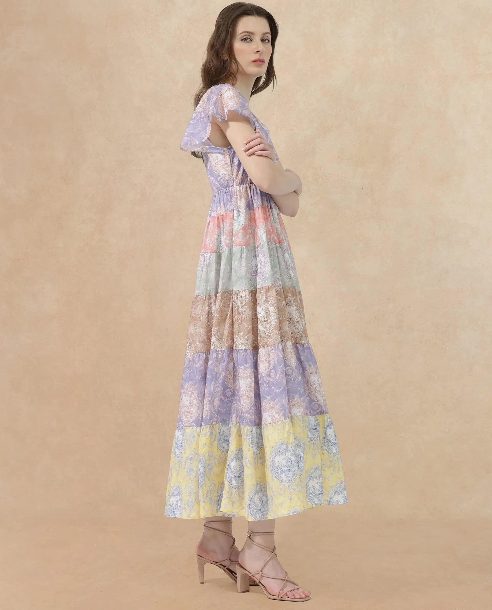 Rareism Women's Grubin Multi Cotton V-Neck Ornamental Print Raglan Sleeve Maxi Fit And Flare Dress