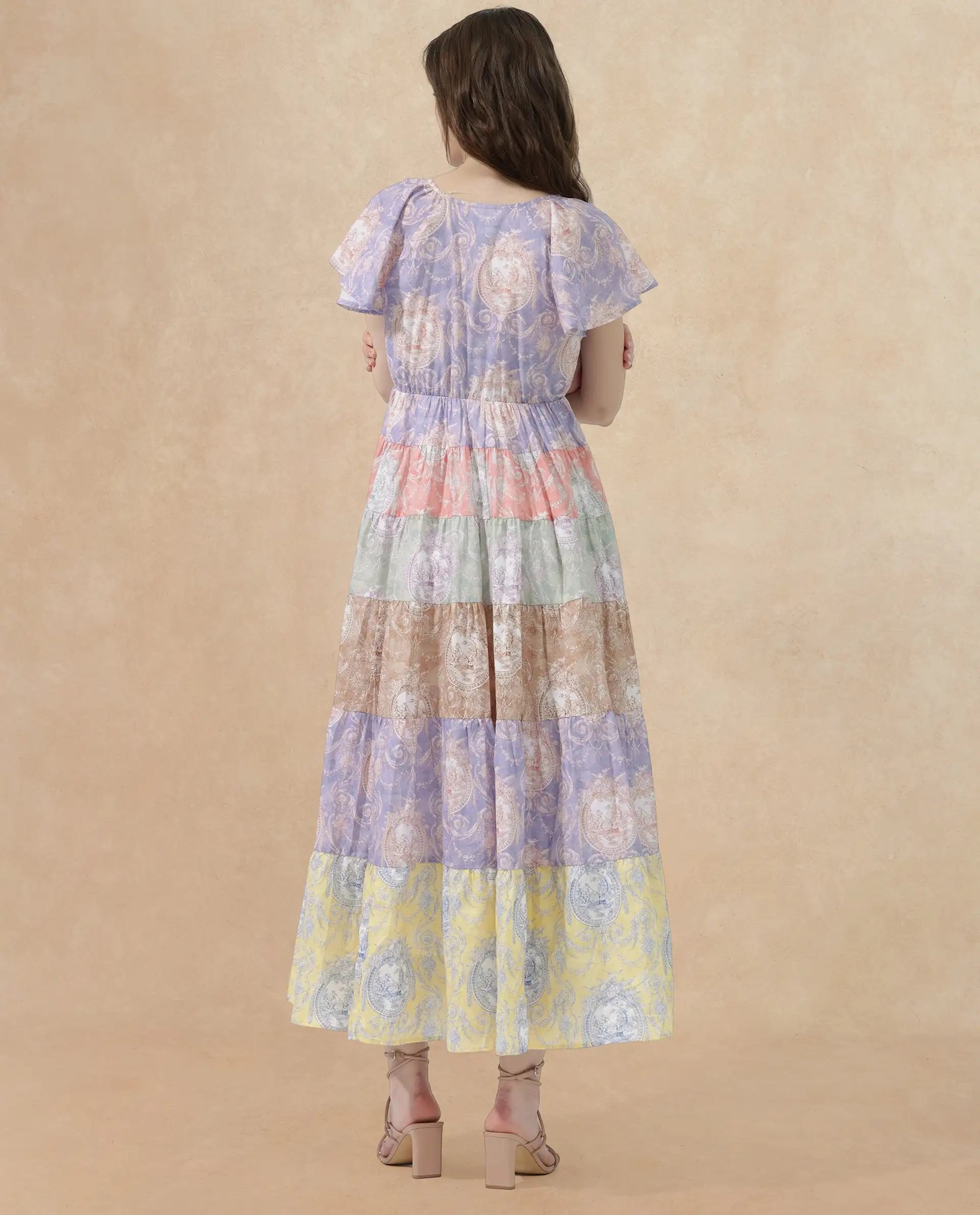 Rareism Women's Grubin Multi Cotton V-Neck Ornamental Print Raglan Sleeve Maxi Fit And Flare Dress