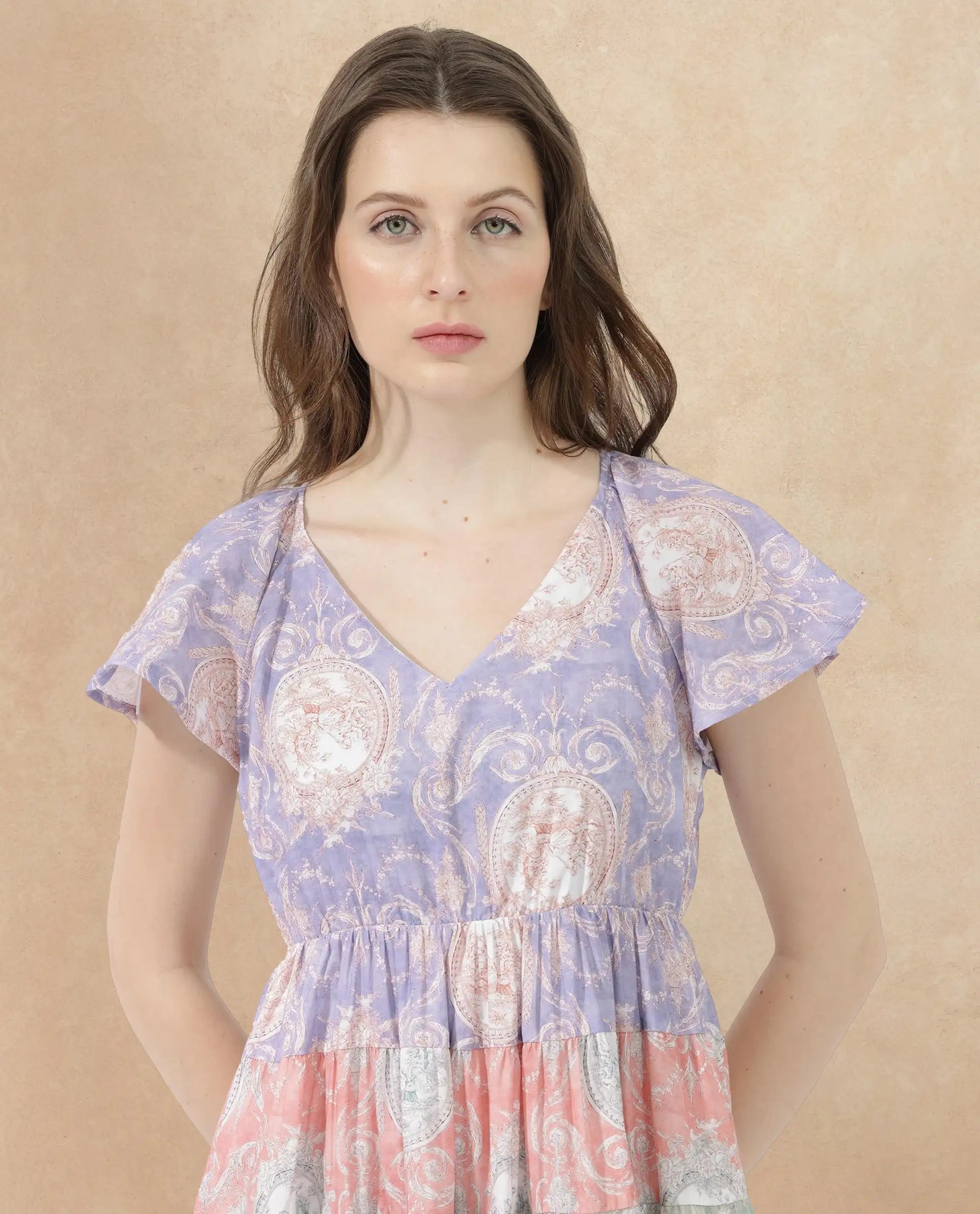 Rareism Women's Grubin Multi Cotton V-Neck Ornamental Print Raglan Sleeve Maxi Fit And Flare Dress