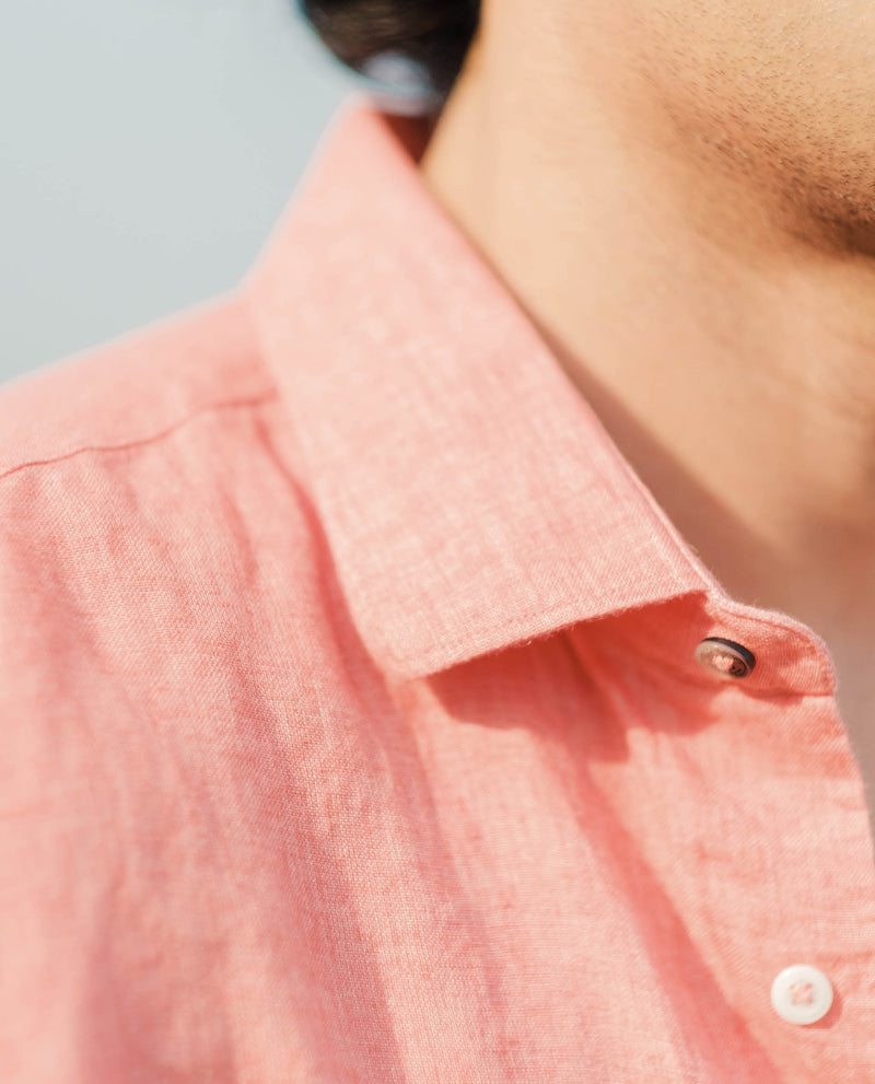 Rare Rabbit Mens Borium-2 Fluorescent Pink Full Sleeve Melange Linen Fabric Solid Shirt