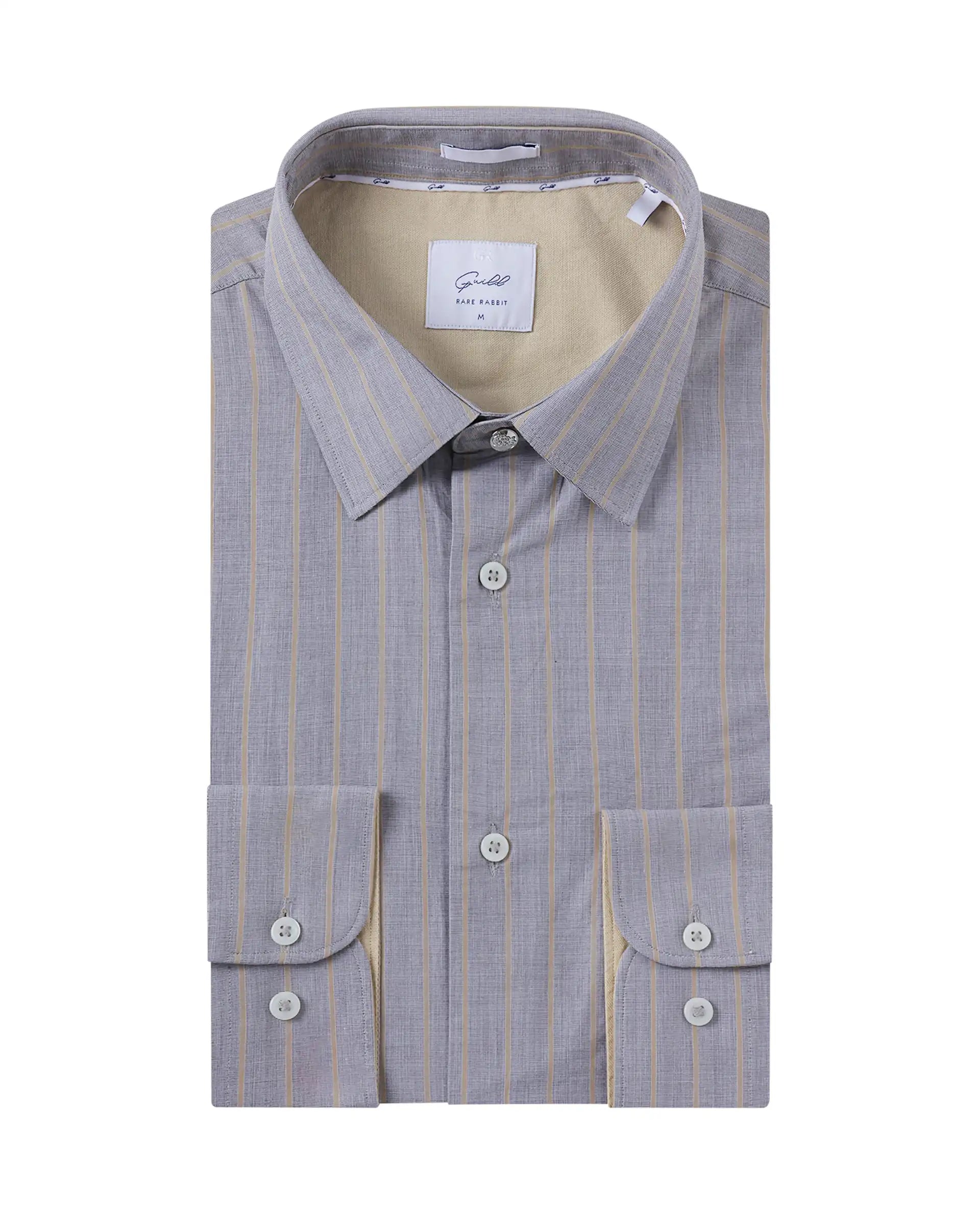 Rare Rabbit Men Charl Beige Cotton Fabric Full Sleeve Regular Fit Self Stripe Dobby Shirt