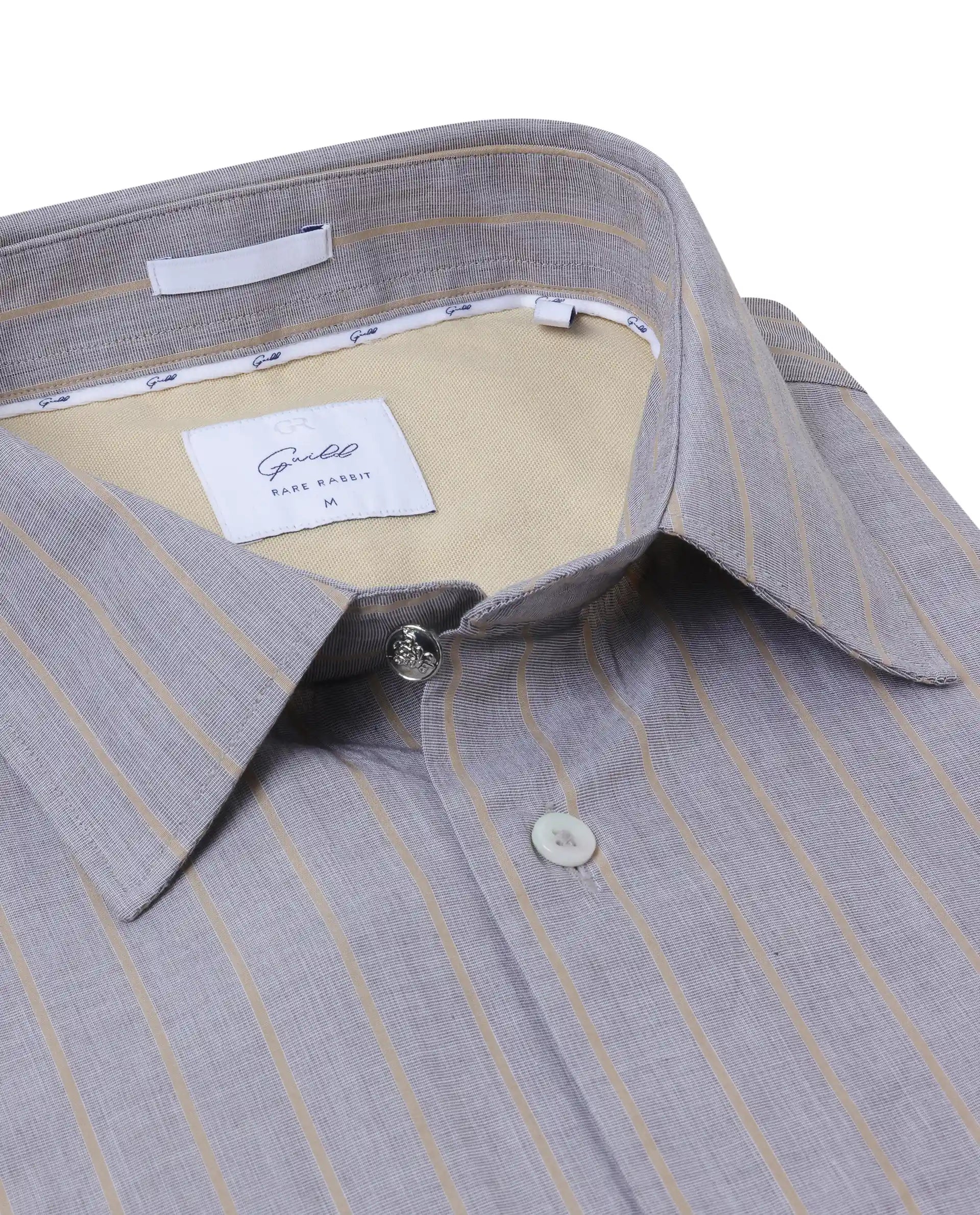 Rare Rabbit Men Charl Beige Cotton Fabric Full Sleeve Regular Fit Self Stripe Dobby Shirt