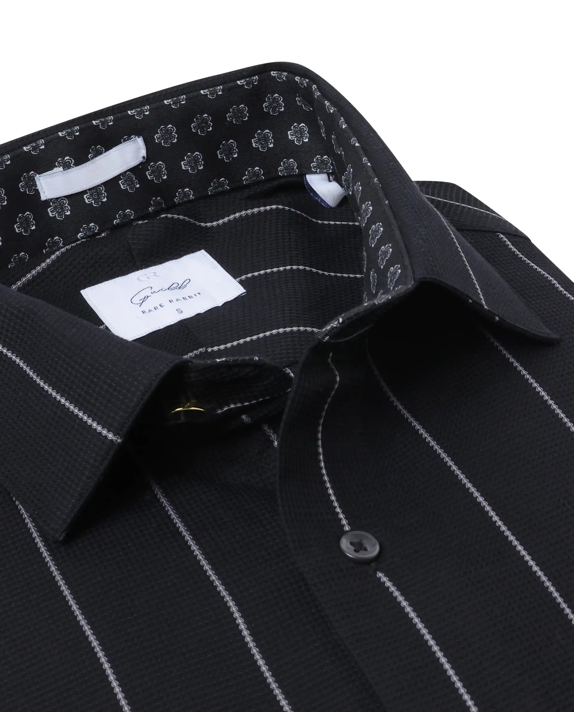 Rare Rabbit Mens Forty Black Cotton Fabric Full Sleeve Regular Fit Self Stripe Dobby Shirt