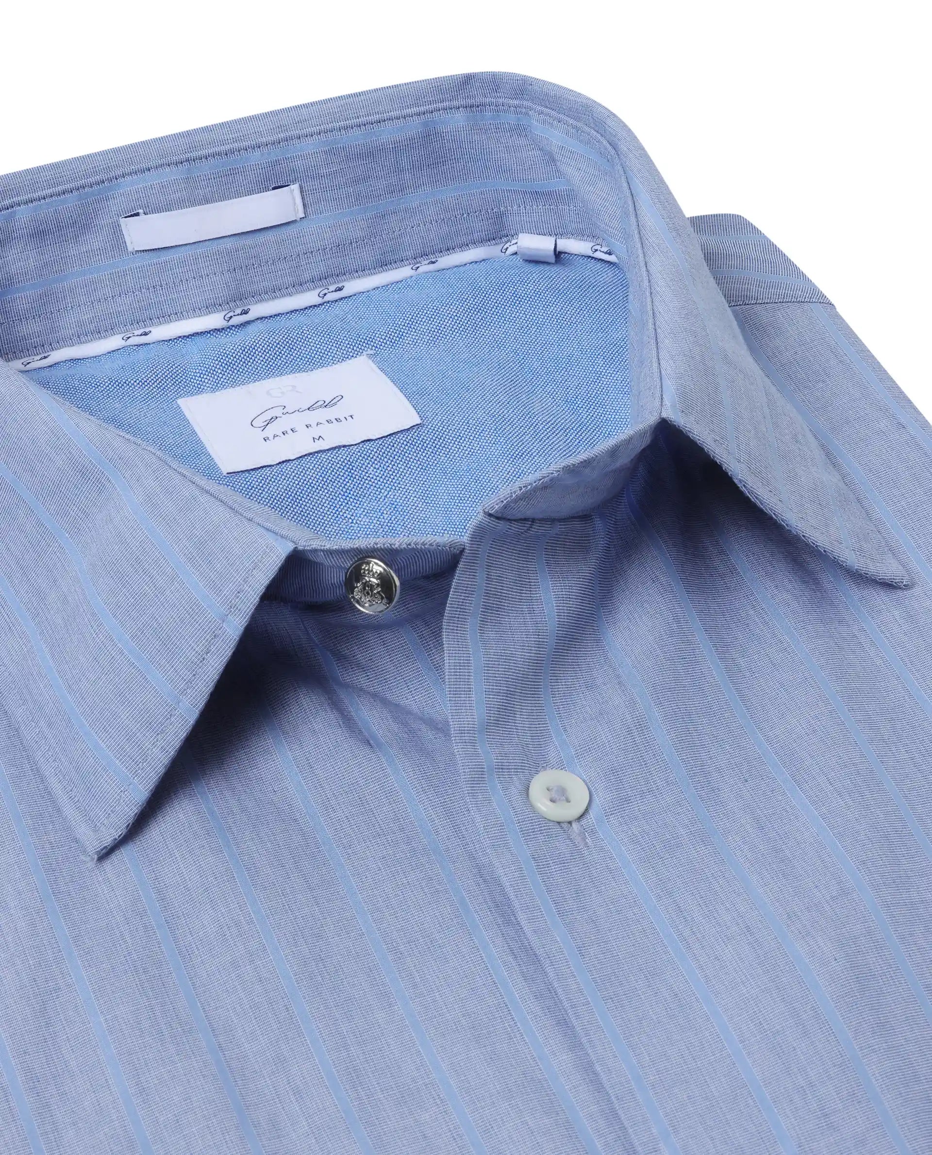 Rare Rabbit Men Charl Light Blue Cotton Fabric Full Sleeve Regular Fit Self Stripe Dobby Shirt