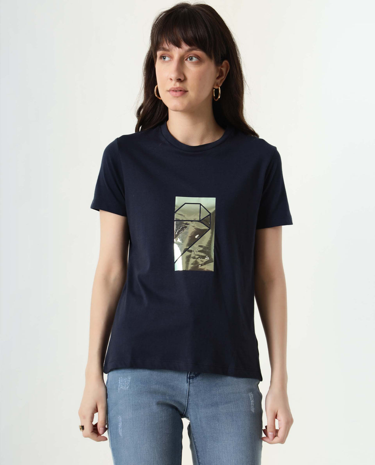 Rareism Women Gulf Navy Cotton Fabric Regular Fit Half Sleeves Graphic Print Crew Neck T-Shirt