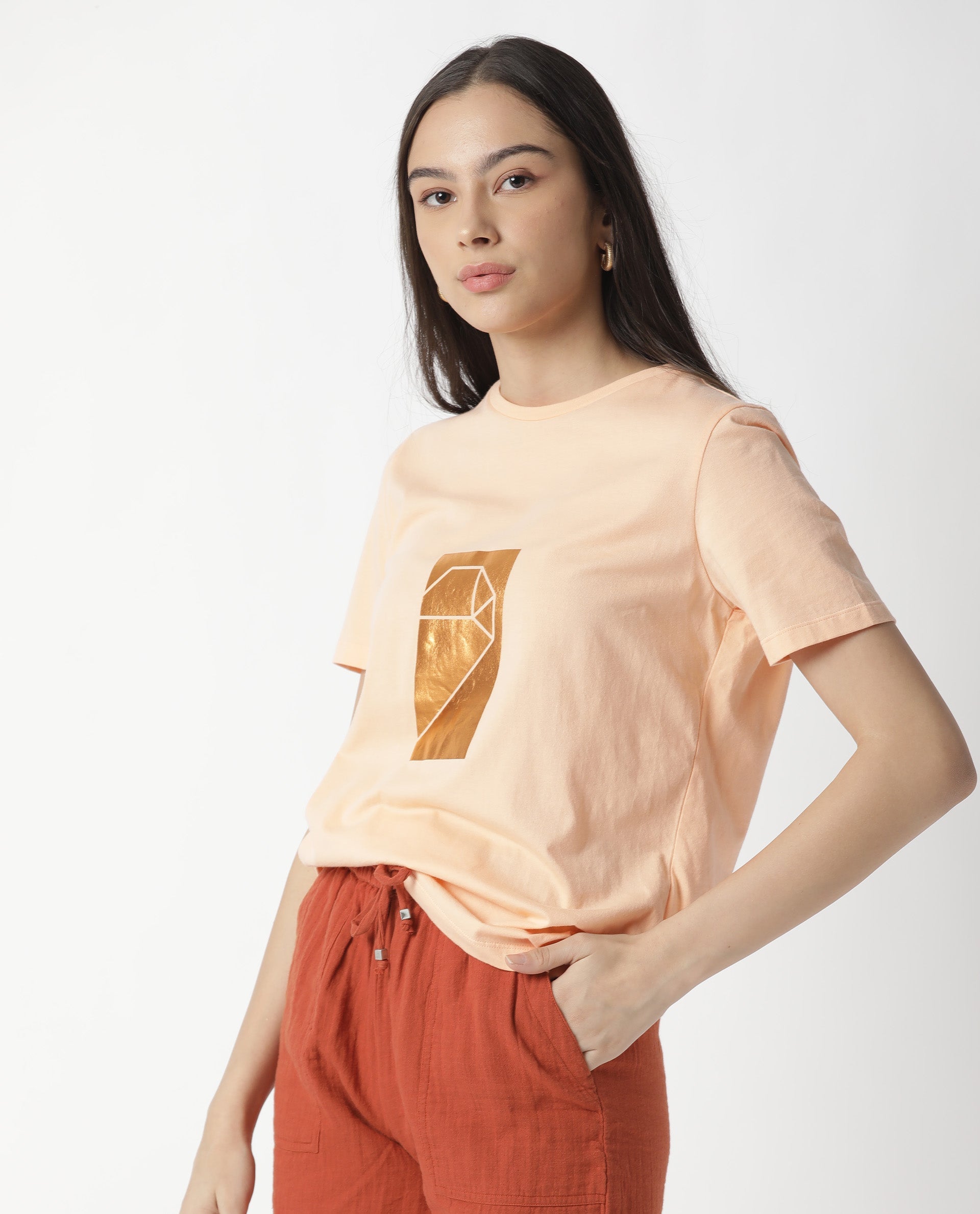 Rareism Women Gulf Light Peach Cotton Fabric Regular Fit Half Sleeves Graphic Print Crew Neck T-Shirt