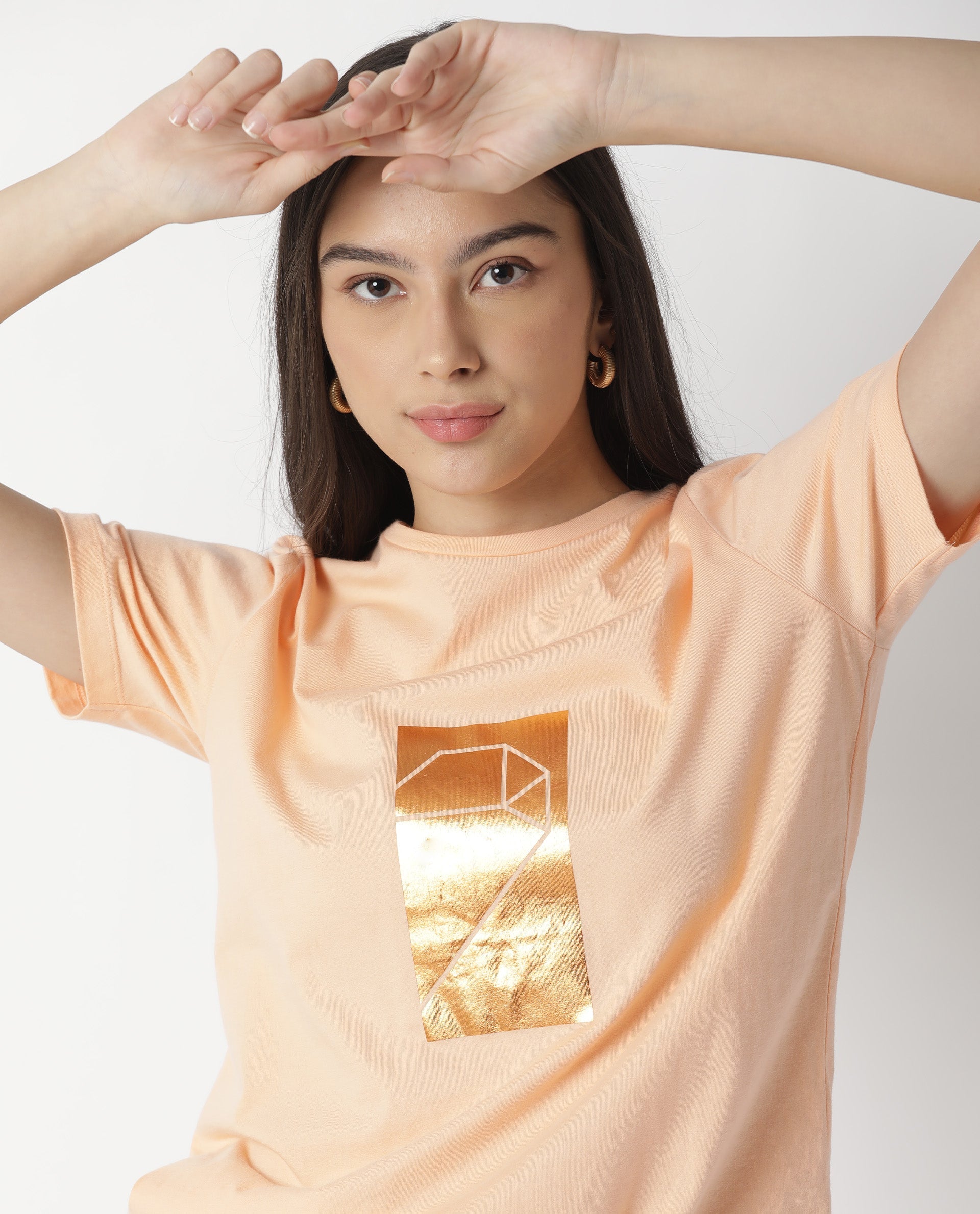 Rareism Women Gulf Light Peach Cotton Fabric Regular Fit Half Sleeves Graphic Print Crew Neck T-Shirt