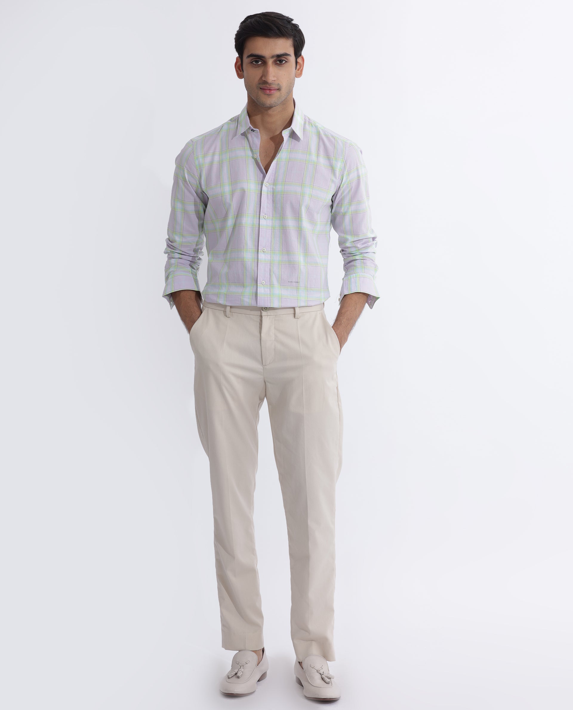 Rare Rabbit Men's Gulls Pastel Purple Cotton Fabric Full Sleeves Checks Shirt