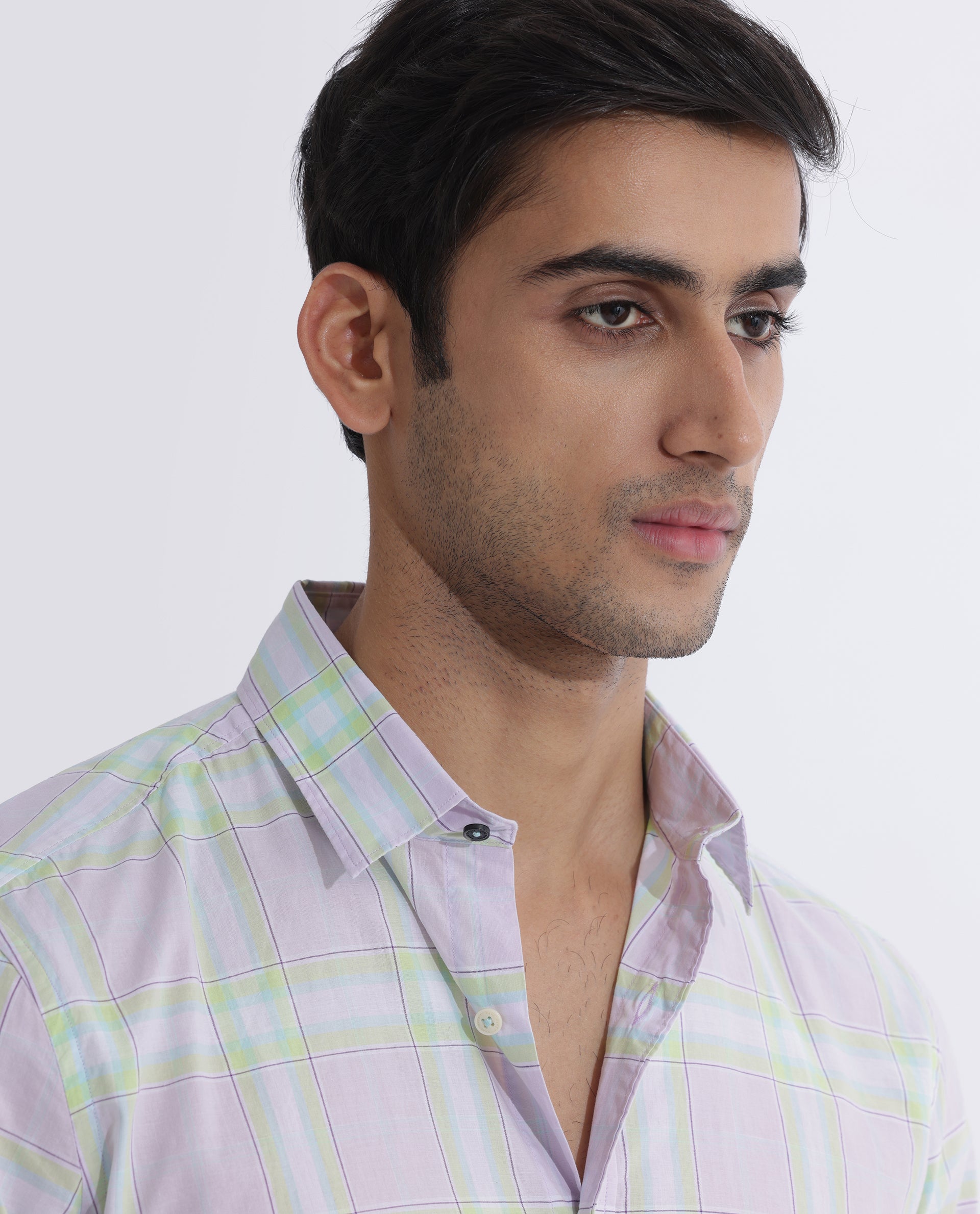 Rare Rabbit Men's Gulls Pastel Purple Cotton Fabric Full Sleeves Checks Shirt