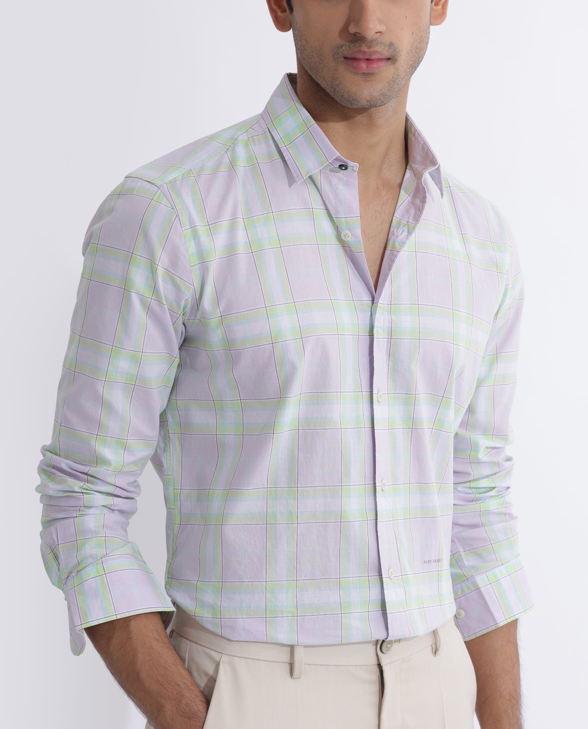 Rare Rabbit Men's Gulls Pastel Purple Cotton Fabric Full Sleeves Checks Shirt