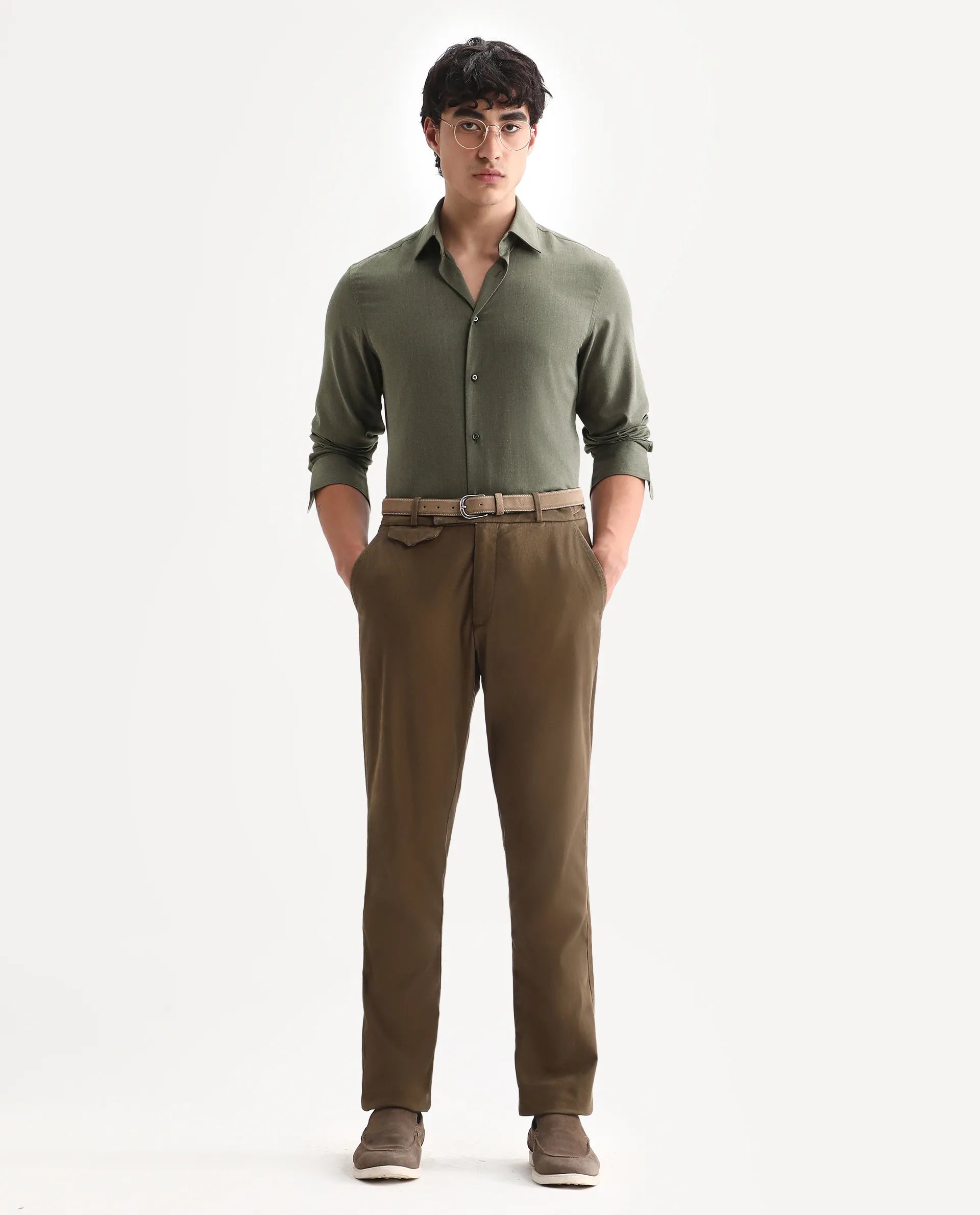 Rare Rabbit Men's Gunjo 25 Dusky Green Cotton Blend Plain Regular Fit Full Sleeve Collared Shirt