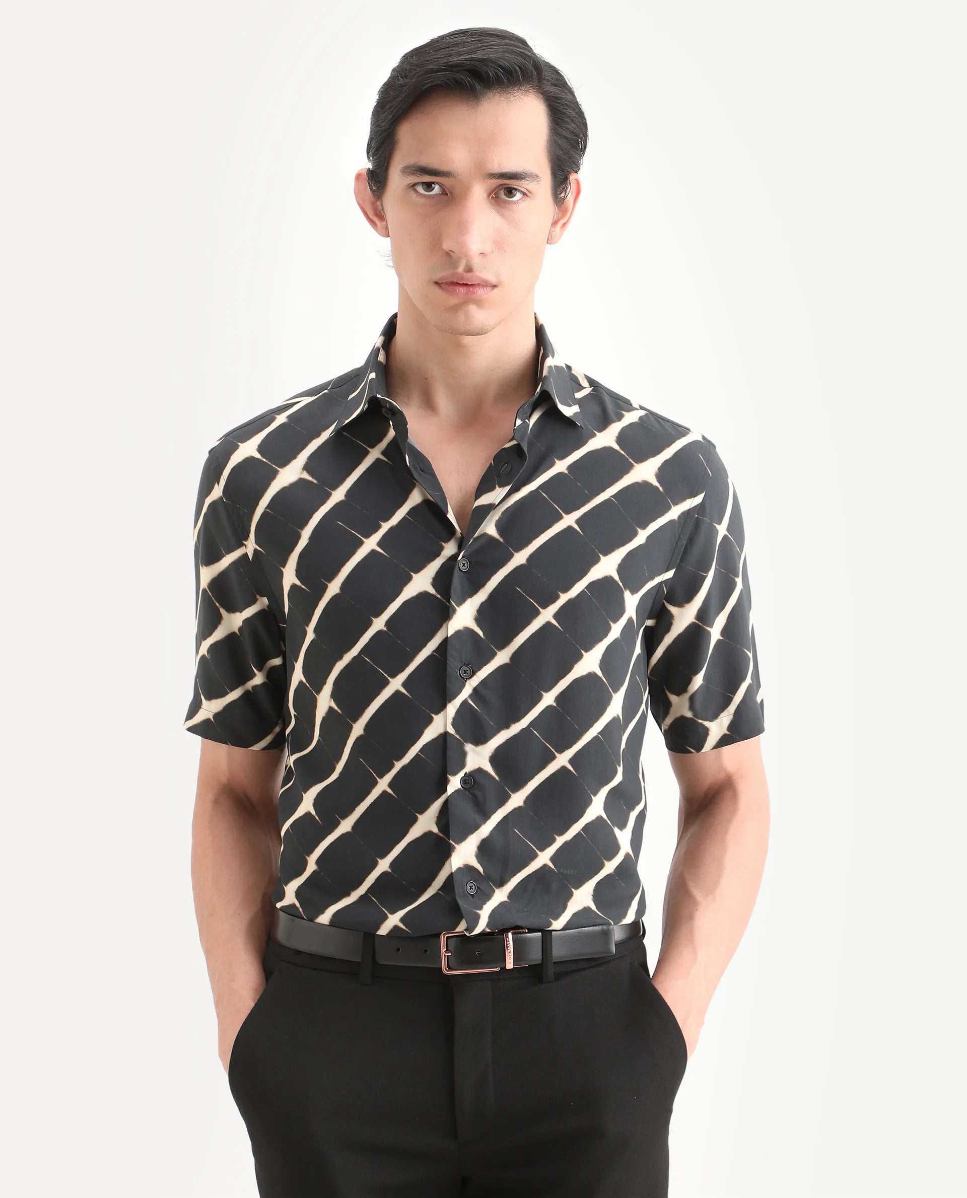 Rare Rabbit Men's Gunt Black Viscose Fabric Half Sleeve Spread Collar Regular Fit Abstract Print Shirt