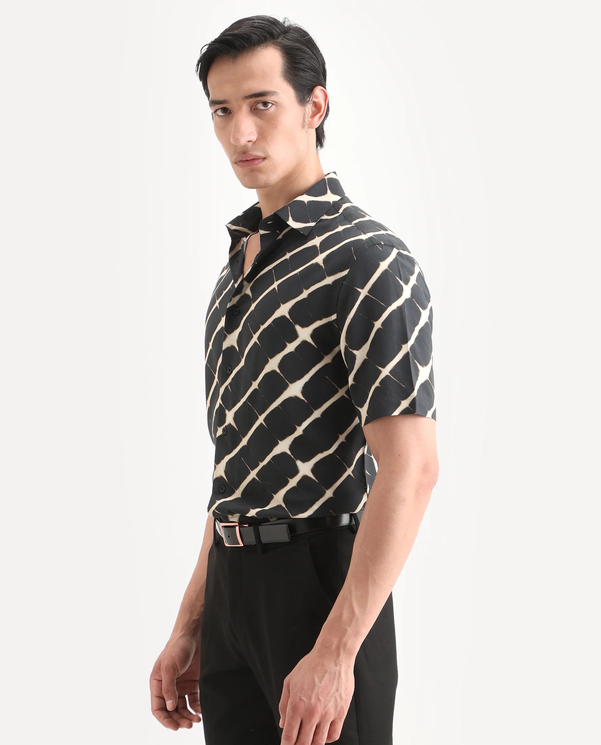 Rare Rabbit Men's Gunt Black Viscose Fabric Half Sleeve Spread Collar Regular Fit Abstract Print Shirt