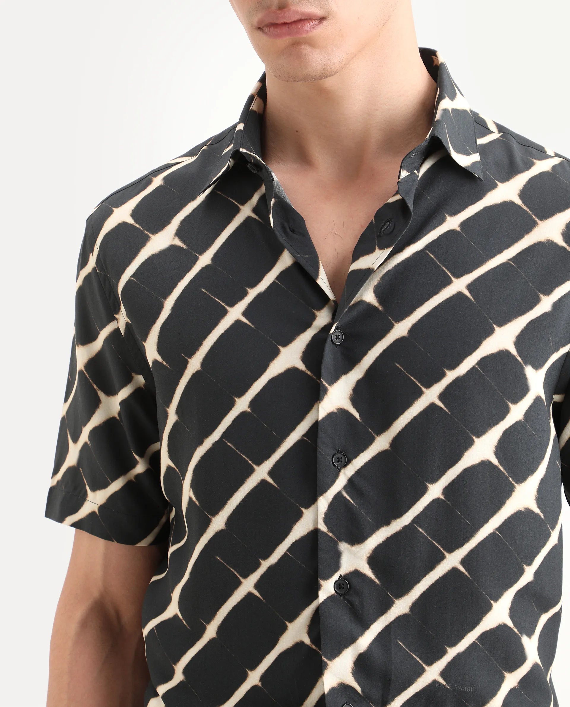 Rare Rabbit Men's Gunt Black Viscose Fabric Half Sleeve Spread Collar Regular Fit Abstract Print Shirt