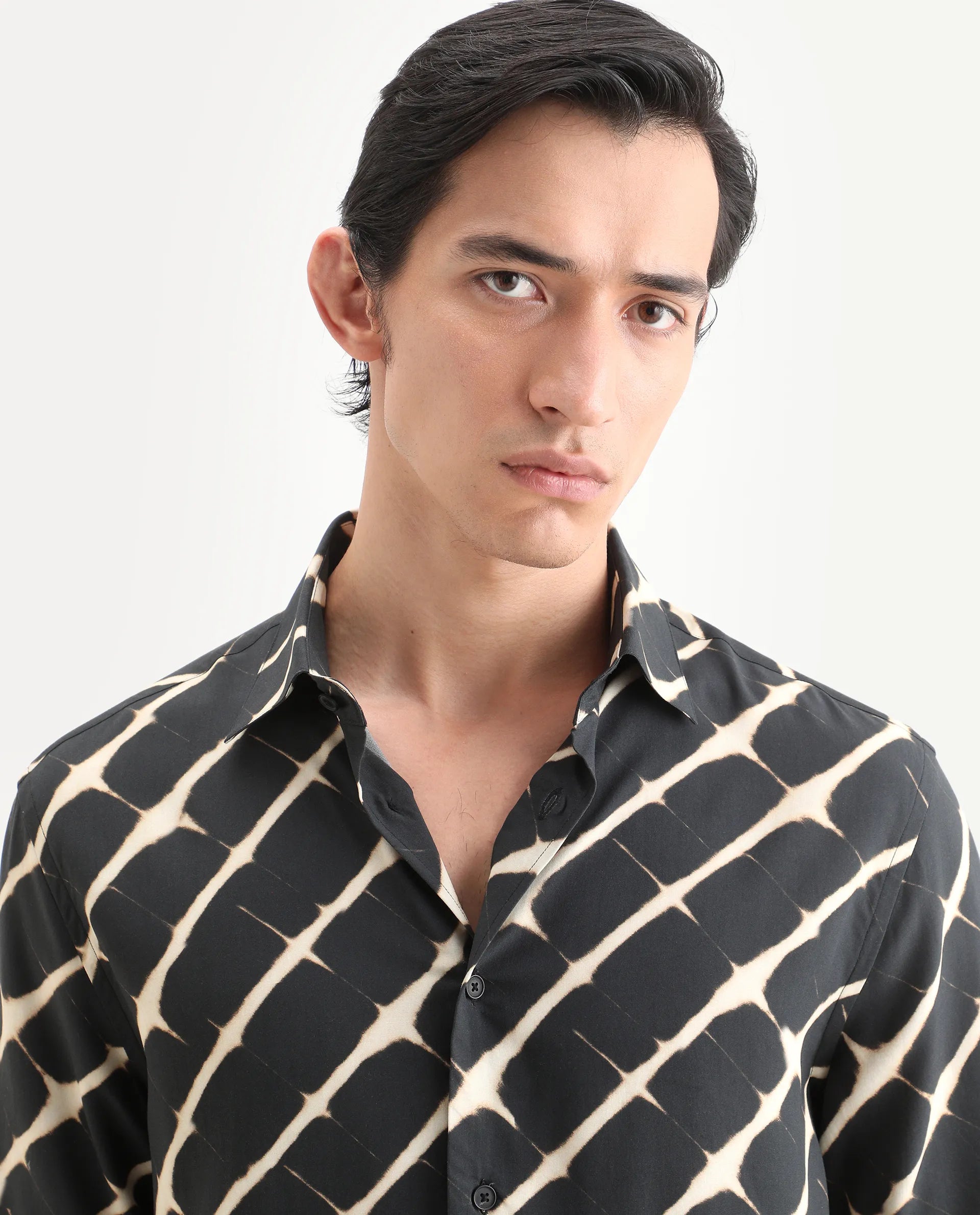 Rare Rabbit Men's Gunt Black Viscose Fabric Half Sleeve Spread Collar Regular Fit Abstract Print Shirt