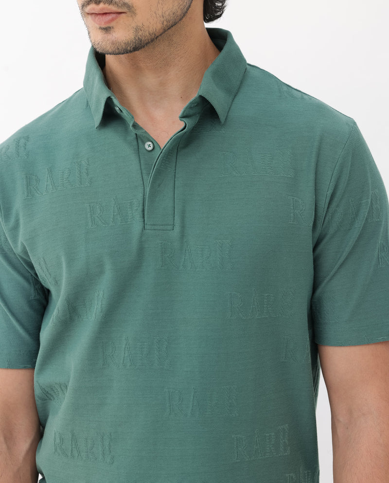 Rare Rabbit Mens Gesset-2 Dusky Green Short Sleeve Jacquard Textured Statement Polo T-Shirt