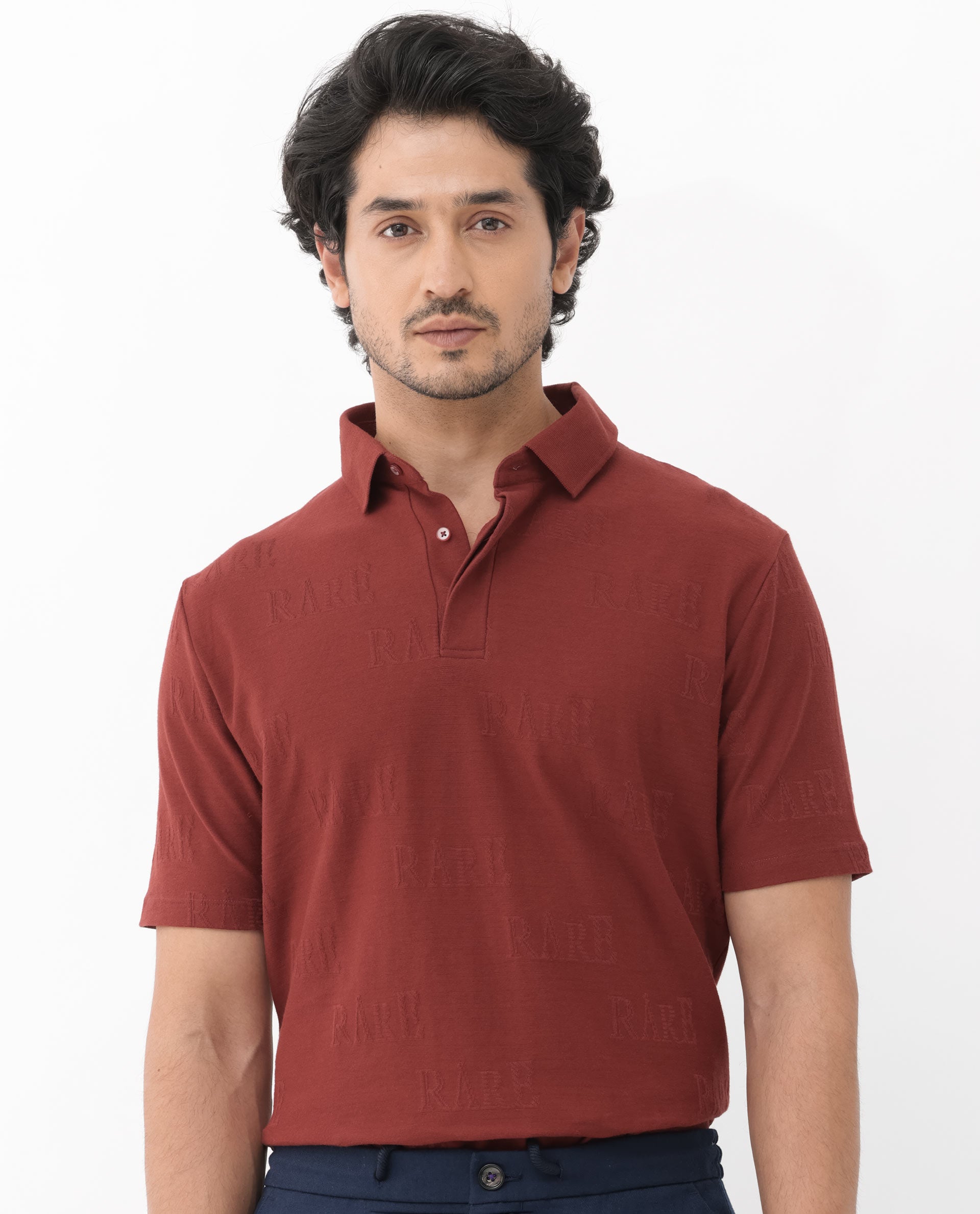 Rare Rabbit Mens Gesset-2 Dusky Rust Short Sleeve Jacquard Textured Statement Polo T-Shirt