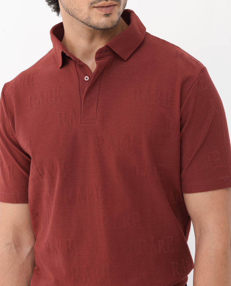 Rare Rabbit Mens Gesset-2 Dusky Rust Short Sleeve Jacquard Textured Statement Polo T-Shirt