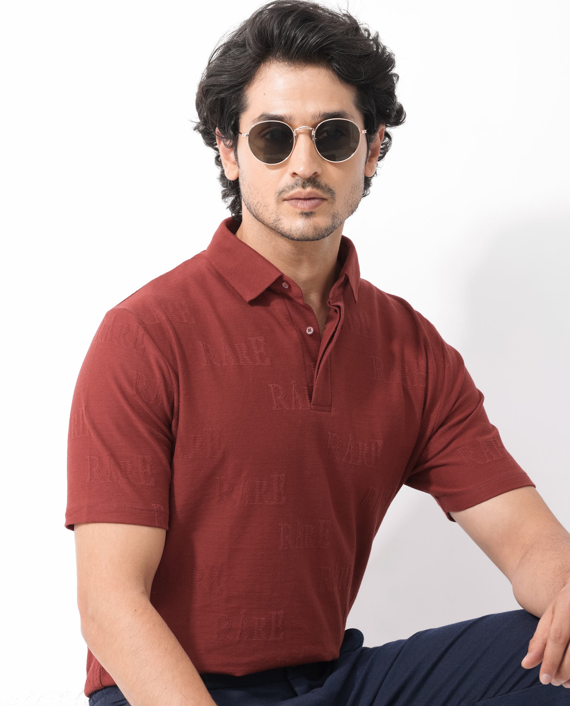 Rare Rabbit Mens Gesset-2 Dusky Rust Short Sleeve Jacquard Textured Statement Polo T-Shirt