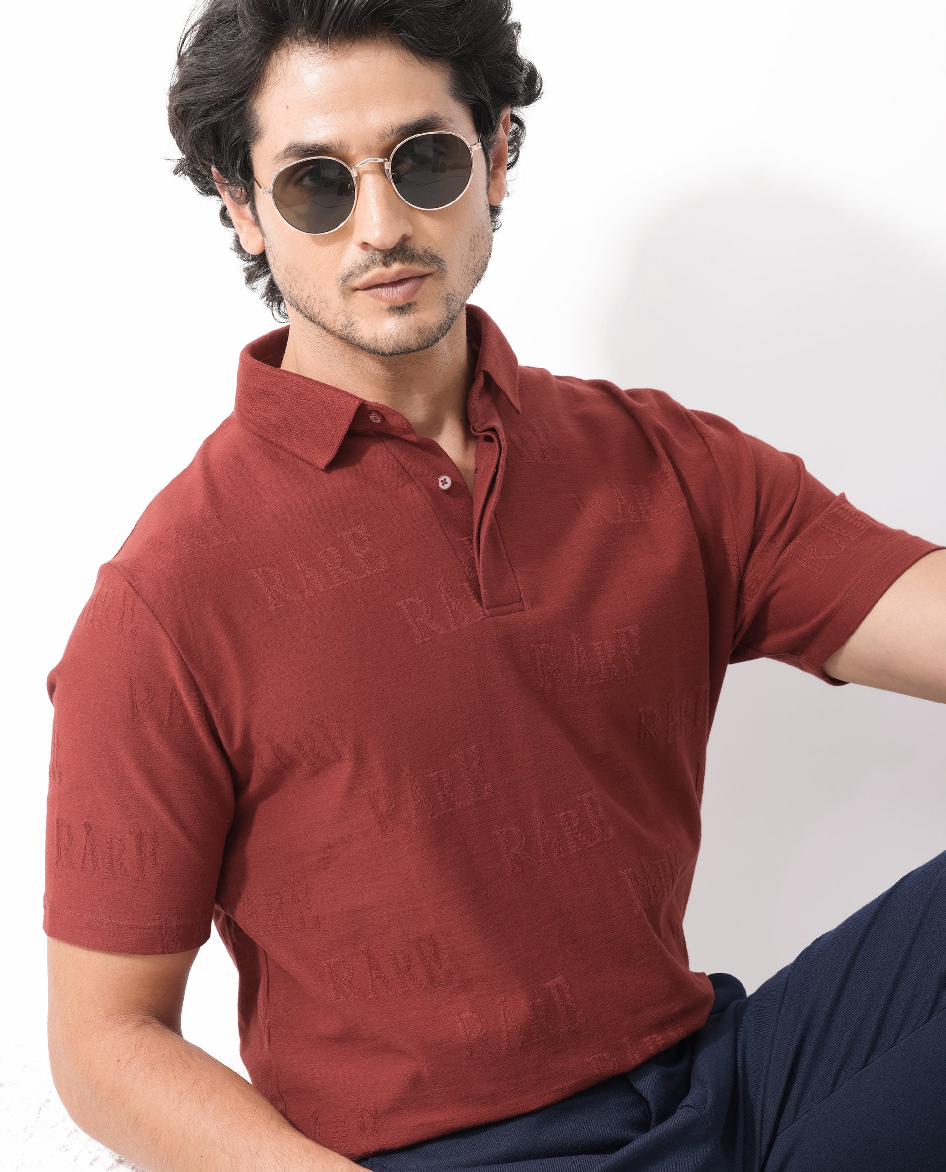 Rare Rabbit Mens Gesset-2 Dusky Rust Short Sleeve Jacquard Textured Statement Polo T-Shirt